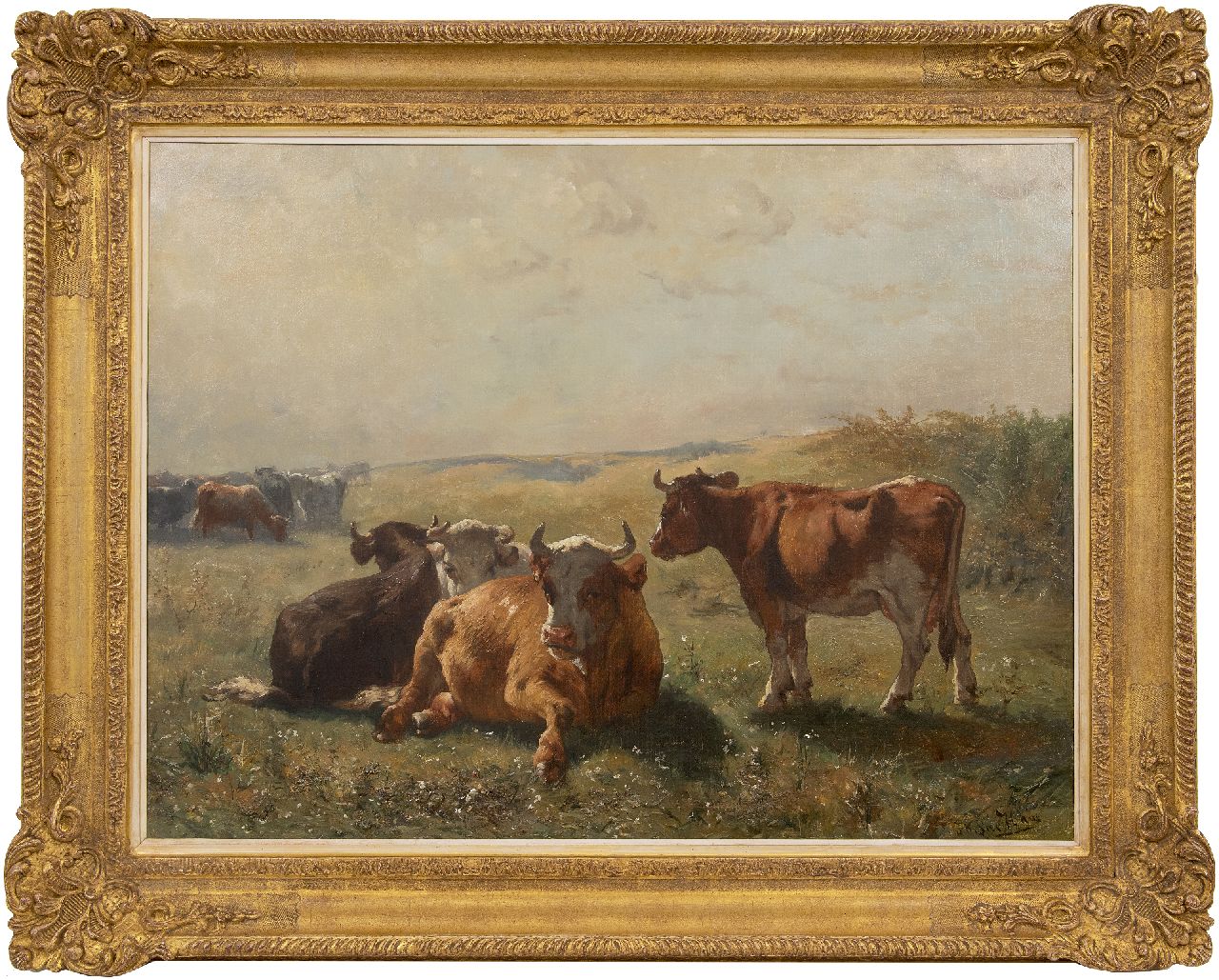 Haas J.H.L. de | Johannes Hubertus Leonardus de Haas, Zomerlandschap met vee, olieverf op doek 69,5 x 89,7 cm, gesigneerd rechtsonder Haas J.H.L. de | Johannes Hubertus Leonardus de Haas, Zomerlandschap met vee, olieverf op doek 69,5 x 89,7 cm, gesigneerd rechtsonder
