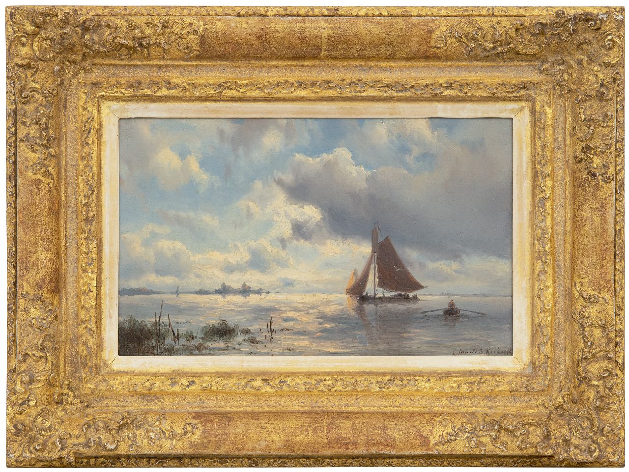 Koekkoek J.H.B. | Johannes Hermanus Barend 'Jan H.B.' Koekkoek, Platbodem op het water nabij het Muiderslot bij vallende avond, olieverf op paneel 15,6 x 24,8 cm, gesigneerd rechtsonder Koekkoek J.H.B. | Johannes Hermanus Barend 'Jan H.B.' Koekkoek, Platbodem op het water nabij het Muiderslot bij vallende avond, olieverf op paneel 15,6 x 24,8 cm, gesigneerd rechtsonder