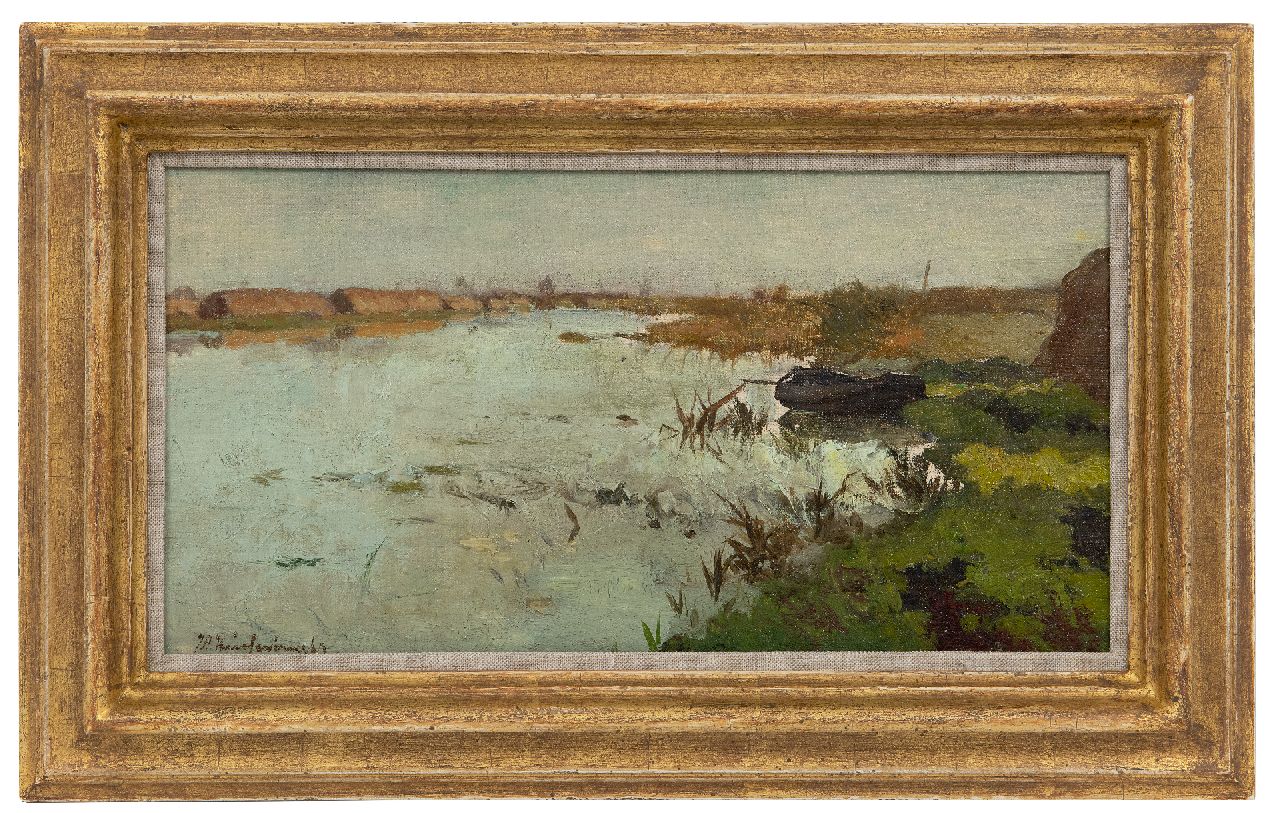 Weissenbruch H.J. | Hendrik Johannes 'J.H.' Weissenbruch, In de venen, olieverf op doek op paneel 17,2 x 33,0 cm, gesigneerd linksonder Weissenbruch H.J. | Hendrik Johannes 'J.H.' Weissenbruch, In de venen, olieverf op doek op paneel 17,2 x 33,0 cm, gesigneerd linksonder