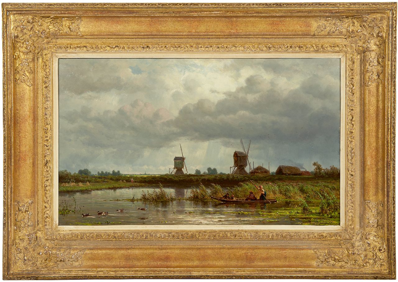 Borselen J.W. van | Jan Willem van Borselen | Schilderijen te koop aangeboden | Waterrijk zomerlandschap met gezelschap in een bootje, olieverf op paneel 33,3 x 55,4 cm, gesigneerd rechtsonder en gedateerd '62 Borselen J.W. van | Jan Willem van Borselen | Schilderijen te koop aangeboden | Waterrijk zomerlandschap met gezelschap in een bootje, olieverf op paneel 33,3 x 55,4 cm, gesigneerd rechtsonder en gedateerd '62