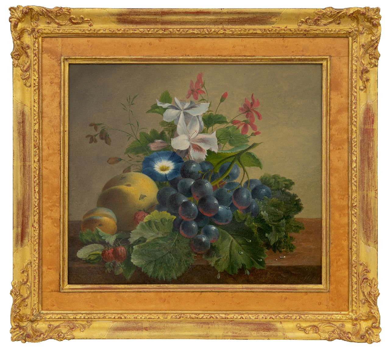 Stok J. van der | Jacoba van der Stok, Stilleven met bloemen en fruit op een plint, olieverf op paneel 26,2 x 30,1 cm, gesigneerd rechtsonder en gedateerd 1840 Stok J. van der | Jacoba van der Stok, Stilleven met bloemen en fruit op een plint, olieverf op paneel 26,2 x 30,1 cm, gesigneerd rechtsonder en gedateerd 1840