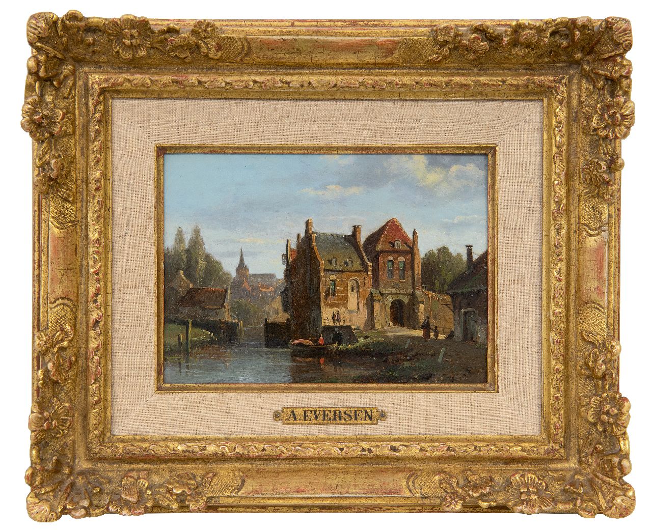 Eversen A. | Adrianus Eversen | Schilderijen te koop aangeboden | Zonnig stadsgezicht met stadspoortje, olieverf op paneel 13,1 x 18,0 cm, gesigneerd rechtsonder met monogram Eversen A. | Adrianus Eversen | Schilderijen te koop aangeboden | Zonnig stadsgezicht met stadspoortje, olieverf op paneel 13,1 x 18,0 cm, gesigneerd rechtsonder met monogram
