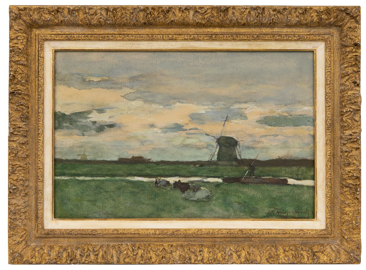 Weissenbruch H.J.  | Hendrik Johannes 'J.H.' Weissenbruch | Aquarellen en tekeningen te koop aangeboden | Polderlandschap met molen en pramende boer, aquarel op papier 29,7 x 46,0 cm, gesigneerd rechtsonder
