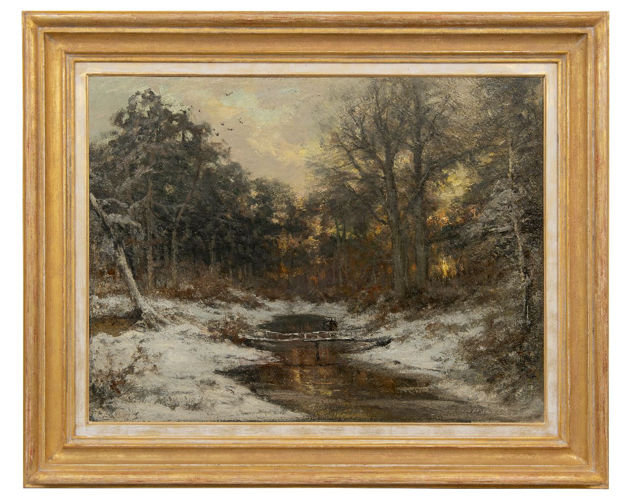 Apol L.F.H.  | Lodewijk Franciscus Hendrik 'Louis' Apol | Schilderijen te koop aangeboden | Besneeuwd bosgezicht bij zonsondergang, olieverf op doek 71,0 x 92,6 cm, gesigneerd linksonder