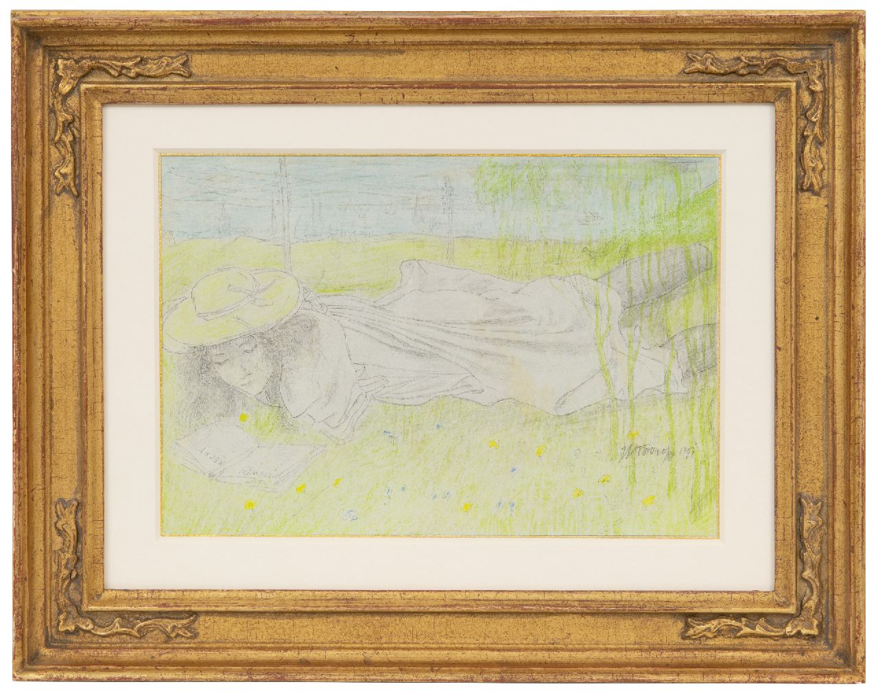 Toorop J.Th. | Johannes Theodorus 'Jan' Toorop, Jonge vrouw, lezend in een boek 'Vrouwenrecht', potlood en krijt op papier 16,2 x 20,5 cm, gesigneerd rechtsonder en gedateerd 1897 Toorop J.Th. | Johannes Theodorus 'Jan' Toorop, Jonge vrouw, lezend in een boek 'Vrouwenrecht', potlood en krijt op papier 16,2 x 20,5 cm, gesigneerd rechtsonder en gedateerd 1897