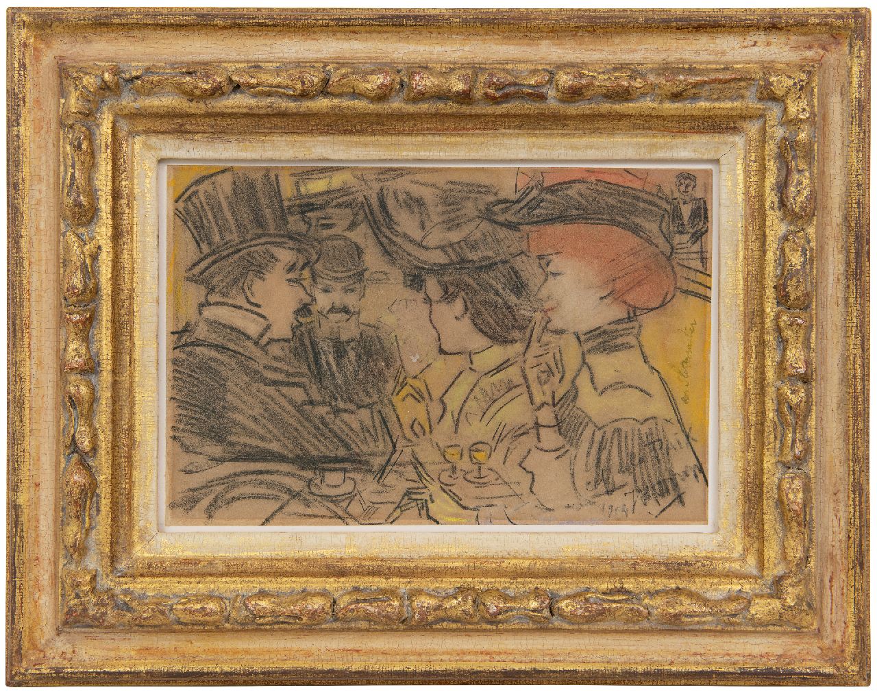 Toorop J.Th. | Johannes Theodorus 'Jan' Toorop | Aquarellen en tekeningen te koop aangeboden | Elegant gezelschap in Café de la Paix, Parijs, zwart en gekleurd krijt op papier 14,6 x 22,1 cm, gesigneerd rechtsonder en gedateerd 1904 Toorop J.Th. | Johannes Theodorus 'Jan' Toorop | Aquarellen en tekeningen te koop aangeboden | Elegant gezelschap in Café de la Paix, Parijs, zwart en gekleurd krijt op papier 14,6 x 22,1 cm, gesigneerd rechtsonder en gedateerd 1904