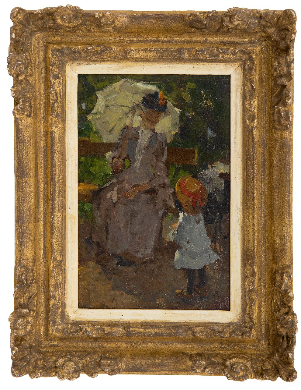 Akkeringa J.E.H. | 'Johannes Evert' Hendrik Akkeringa, In het park, olieverf op doek op paneel 19,2 x 12,7 cm, gesigneerd rechtsonder met initiaal Akkeringa J.E.H. | 'Johannes Evert' Hendrik Akkeringa, In het park, olieverf op doek op paneel 19,2 x 12,7 cm, gesigneerd rechtsonder met initiaal