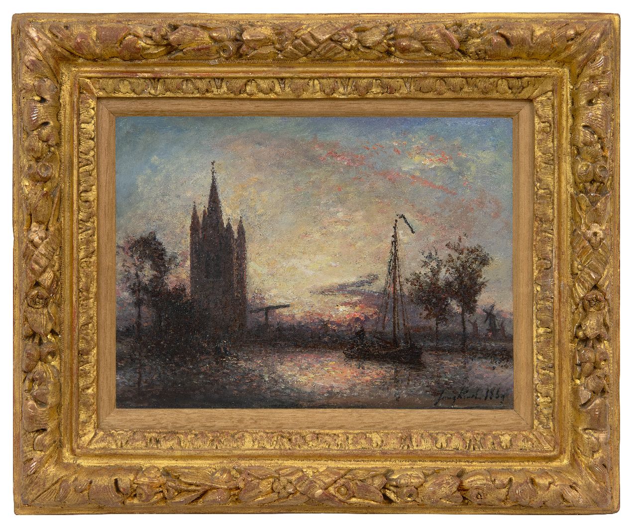 Jongkind J.B.  | Johan Barthold Jongkind | Schilderijen te koop aangeboden | Coucher de soleil sur l'église, Hollande, olieverf op doek 24,3 x 32,5 cm, gesigneerd rechtsonder en gedateerd 1869