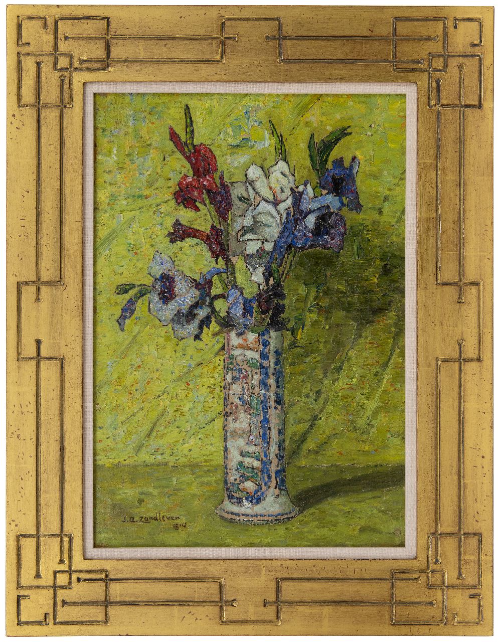 Zandleven J.A. | Jan Adam Zandleven, Gladiolen in een geglazuurde vaas, olieverf op doek 50,2 x 35,5 cm, gesigneerd linksonder en gedateerd 1914 Zandleven J.A. | Jan Adam Zandleven, Gladiolen in een geglazuurde vaas, olieverf op doek 50,2 x 35,5 cm, gesigneerd linksonder en gedateerd 1914