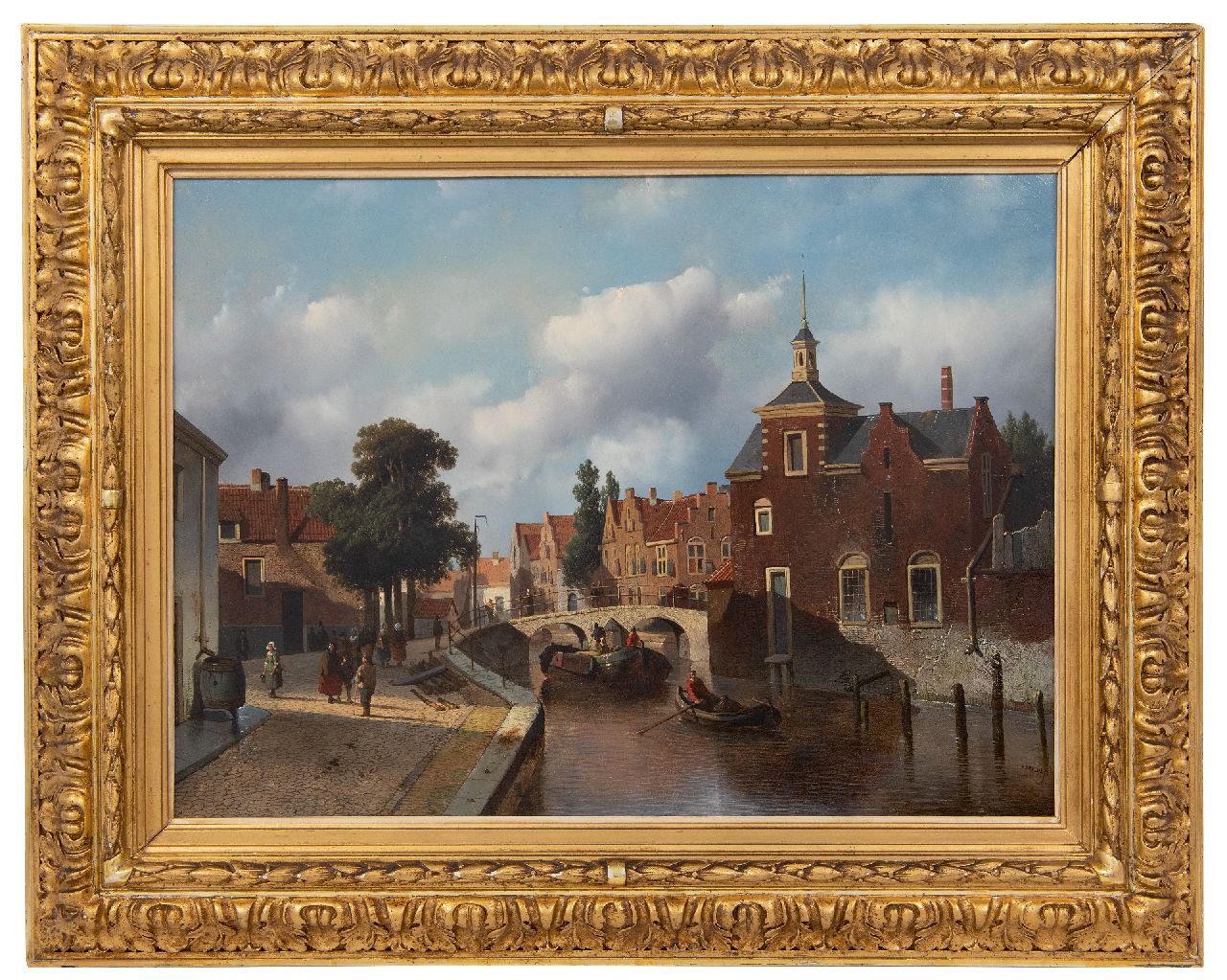 Vrolijk J.A.  | Jacobus 'Adriaan' Vrolijk, Hollandse stadsgracht met scheepvaart en figuren, olieverf op paneel 38,6 x 52,4 cm, gesigneerd rechtsonder