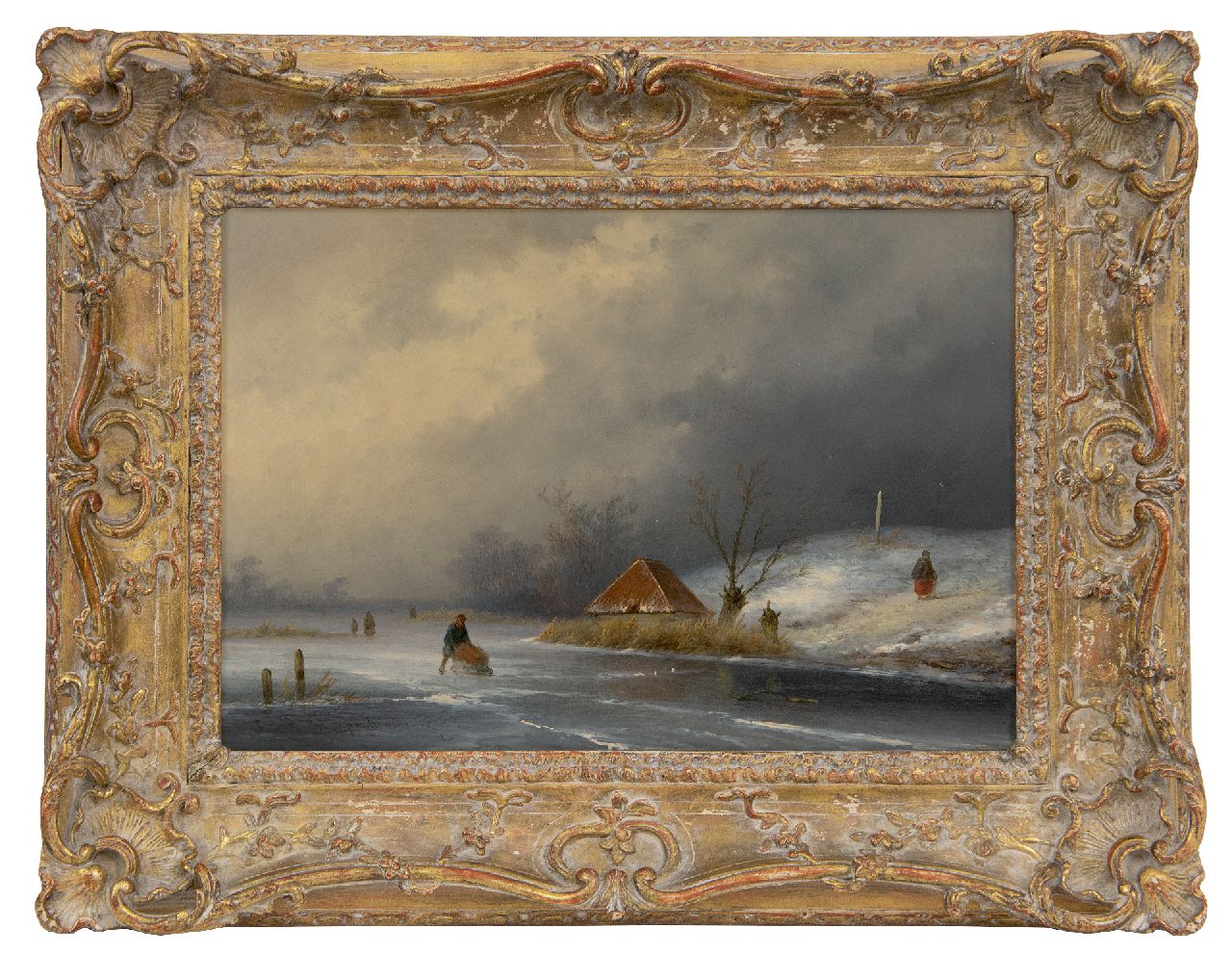 Hoppenbrouwers J.F. | Johannes Franciscus Hoppenbrouwers, Figuren op het ijs bij naderende sneeuwstorm, olieverf op paneel 22,3 x 31,5 cm, gesigneerd linksonder Hoppenbrouwers J.F. | Johannes Franciscus Hoppenbrouwers, Figuren op het ijs bij naderende sneeuwstorm, olieverf op paneel 22,3 x 31,5 cm, gesigneerd linksonder