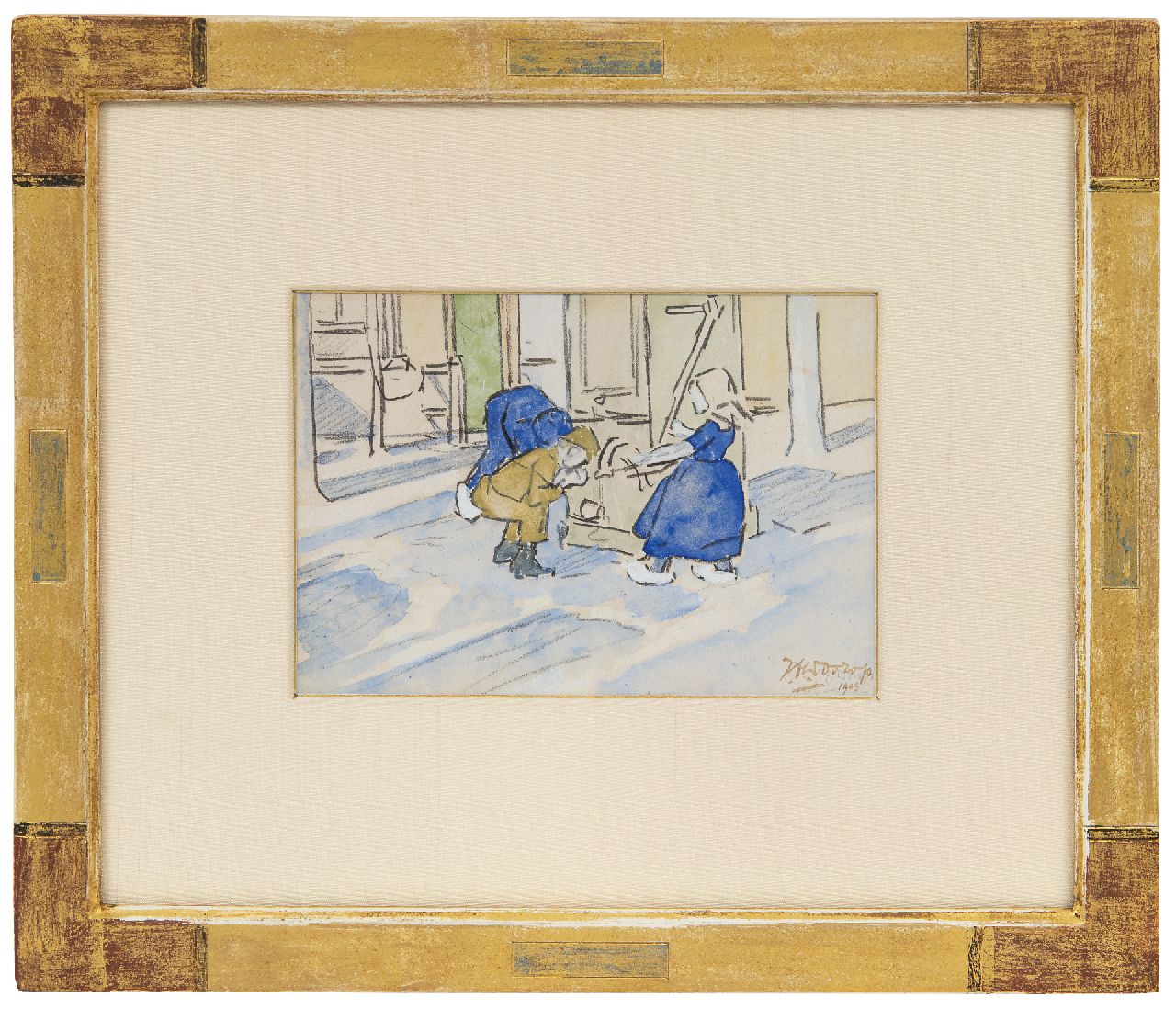 Toorop J.Th.  | Johannes Theodorus 'Jan' Toorop, Kinderen bij een dorpspomp, zwart krijt en aquarel op papier 11,3 x 15,8 cm, gesigneerd rechtsonder (dubbel) en gedateerd 1903 (dubbel)