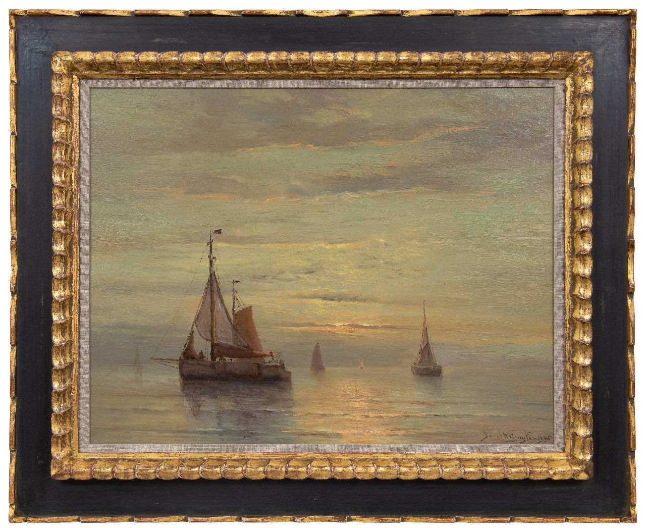 Gruijter J.W. | Jacob Willem Gruijter | Schilderijen te koop aangeboden | Schepen op kalme zee bij zonsondergang, olieverf op paneel 50,4 x 65,0 cm, gesigneerd rechtsonder en gedateerd 1905, zonder lijst Gruijter J.W. | Jacob Willem Gruijter | Schilderijen te koop aangeboden | Schepen op kalme zee bij zonsondergang, olieverf op paneel 50,4 x 65,0 cm, gesigneerd rechtsonder en gedateerd 1905, zonder lijst