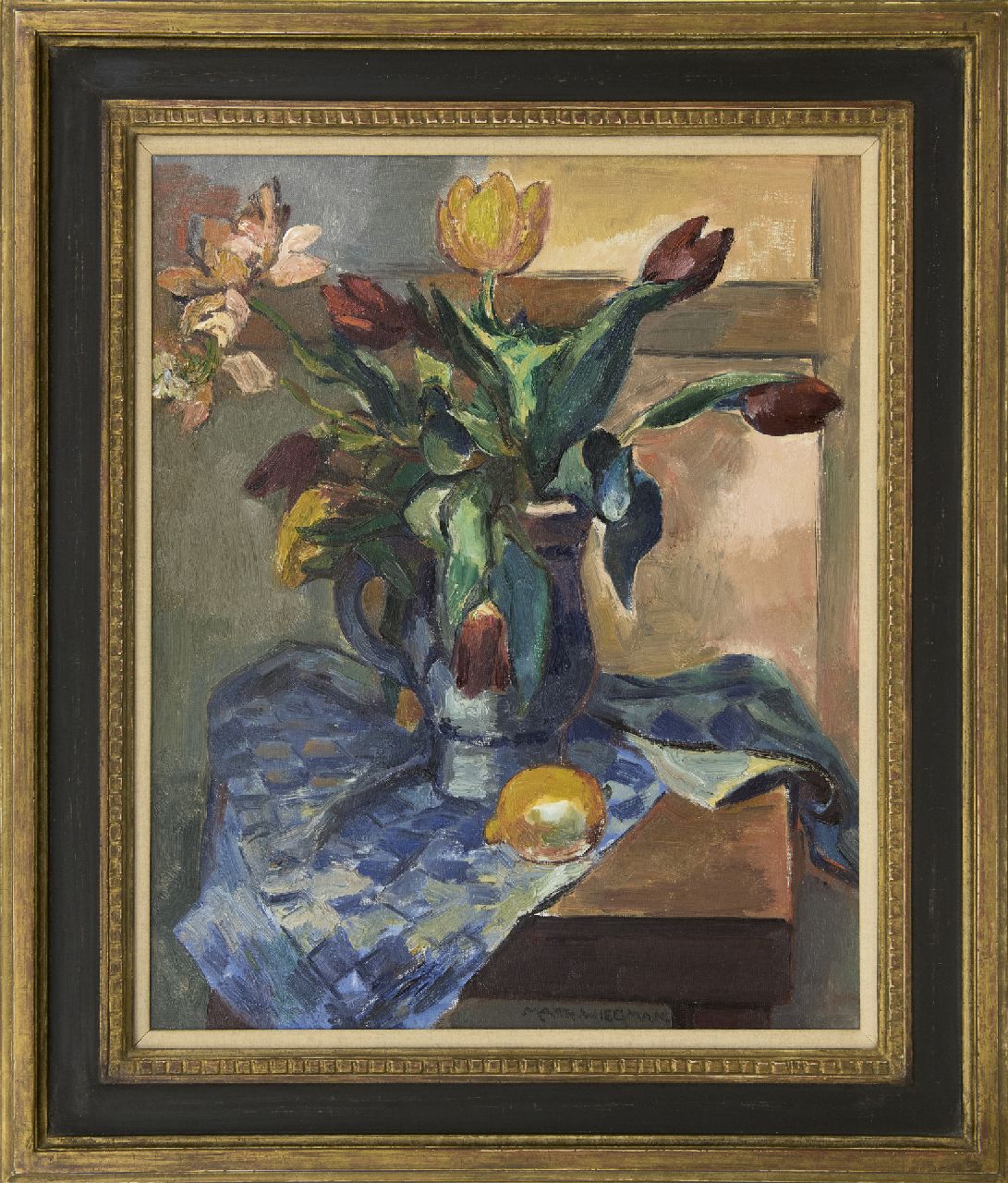 Wiegman M.J.M. | Mattheus Johannes Marie 'Matthieu' Wiegman, Stilleven met tulpen en een citroen, olieverf op doek 61,4 x 50,1 cm, gesigneerd middenonder Wiegman M.J.M. | Mattheus Johannes Marie 'Matthieu' Wiegman, Stilleven met tulpen en een citroen, olieverf op doek 61,4 x 50,1 cm, gesigneerd middenonder