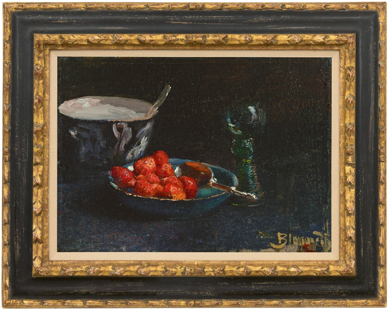 Blommers B.J. | Bernardus Johannes 'Bernard' Blommers | Schilderijen te koop aangeboden | Aardbeien met slagroom en Rijnwijnglas, olieverf op doek 28,8 x 40,0 cm, gesigneerd rechtsonder en te dateren ca. 1880 Blommers B.J. | Bernardus Johannes 'Bernard' Blommers | Schilderijen te koop aangeboden | Aardbeien met slagroom en Rijnwijnglas, olieverf op doek 28,8 x 40,0 cm, gesigneerd rechtsonder en te dateren ca. 1880