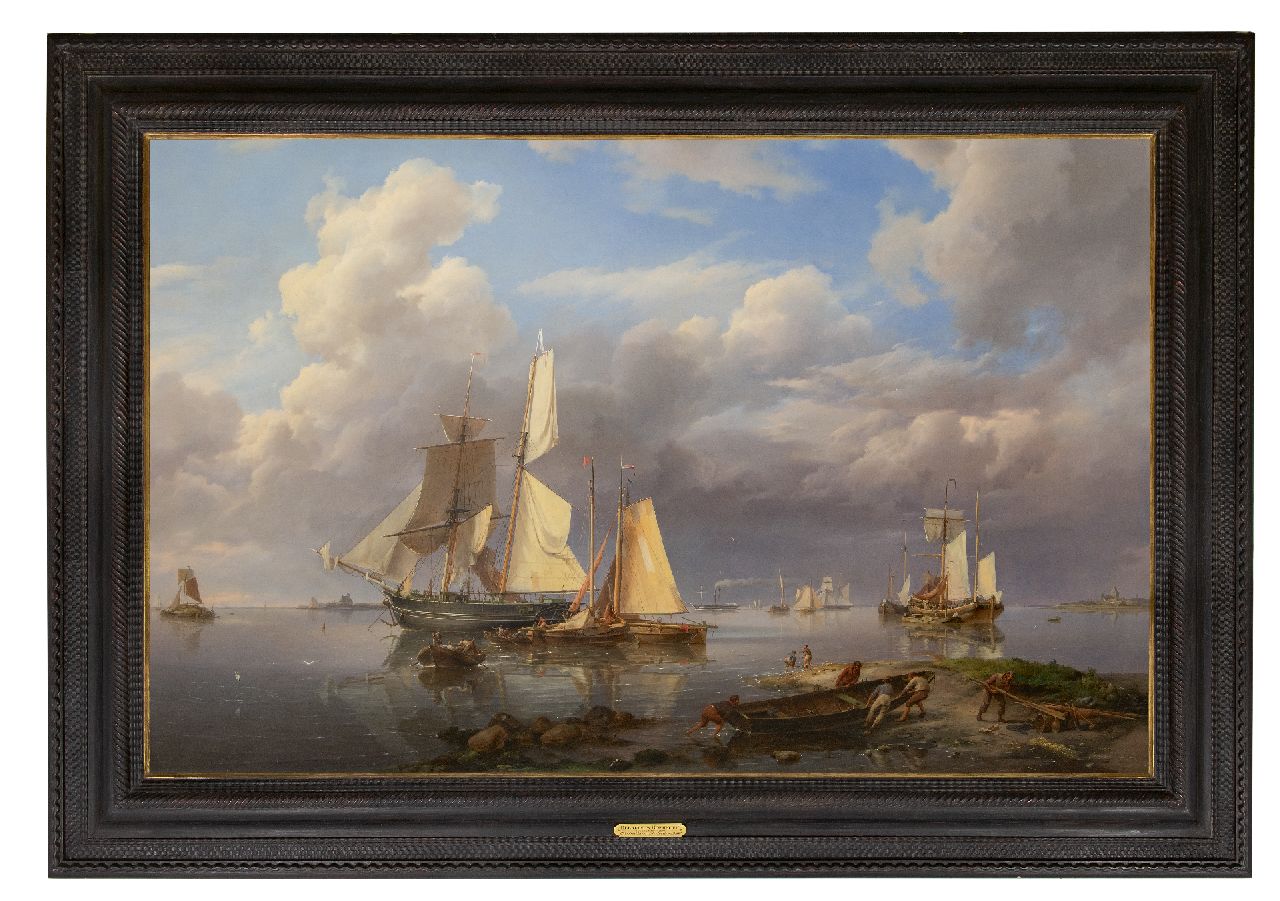 Koekkoek H.  | Hermanus Koekkoek, Schepen voor anker voor de kust, bij kalm weer, olieverf op doek 102,5 x 160,0 cm, gesigneerd rechtsonder en gedateerd 1841