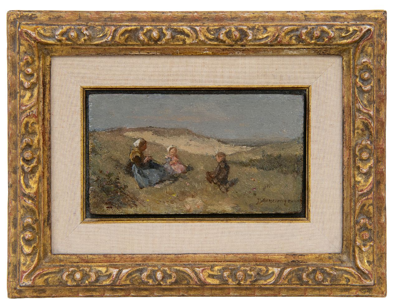 Akkeringa J.E.H. | 'Johannes Evert' Hendrik Akkeringa, Vissersvrouw met twee kinderen in de duinen, olieverf op paneel 7,5 x 12,6 cm, gesigneerd rechtsonder Akkeringa J.E.H. | 'Johannes Evert' Hendrik Akkeringa, Vissersvrouw met twee kinderen in de duinen, olieverf op paneel 7,5 x 12,6 cm, gesigneerd rechtsonder