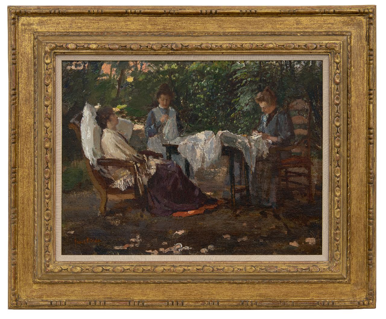 Oerder F.D.  | 'Frans' David Oerder, Een rustige middag in lommerrijke tuin, olieverf op doek 37,3 x 50,5 cm, gesigneerd linksonder