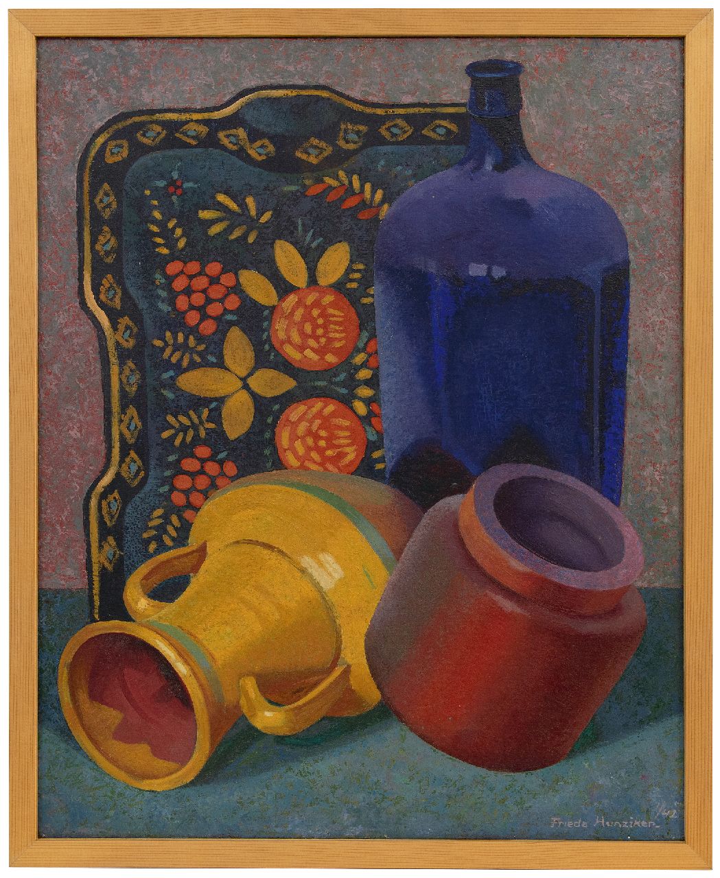 Hunziker F. | Frieda Hunziker, Stilleven met blauwe fles, olieverf op doek 55,6 x 45,4 cm, gesigneerd rechtsonder en gedateerd 1/42 Hunziker F. | Frieda Hunziker, Stilleven met blauwe fles, olieverf op doek 55,6 x 45,4 cm, gesigneerd rechtsonder en gedateerd 1/42