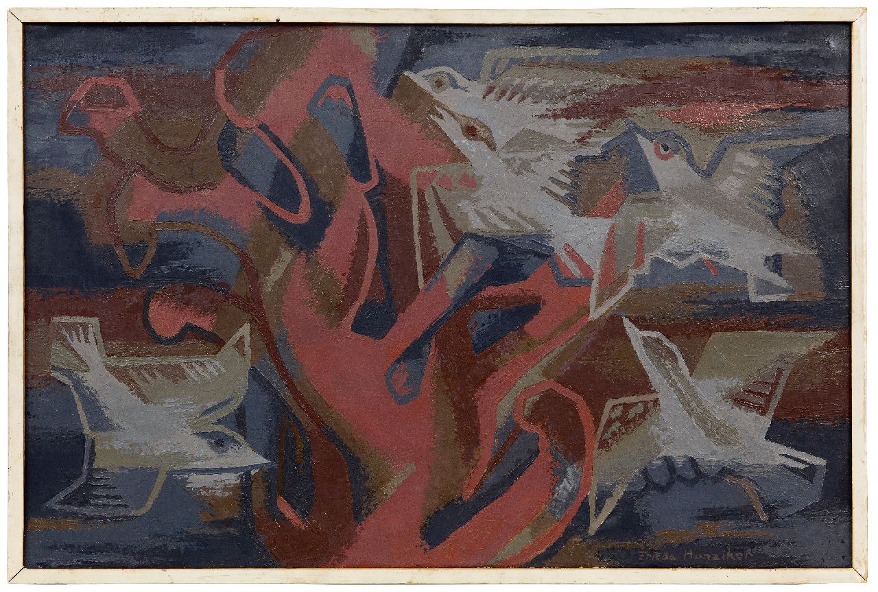 Hunziker F. | Frieda Hunziker, Duiven, olieverf op doek 60,0 x 90,0 cm, gesigneerd rechtsonder en gedateerd 46 Hunziker F. | Frieda Hunziker, Duiven, olieverf op doek 60,0 x 90,0 cm, gesigneerd rechtsonder en gedateerd 46