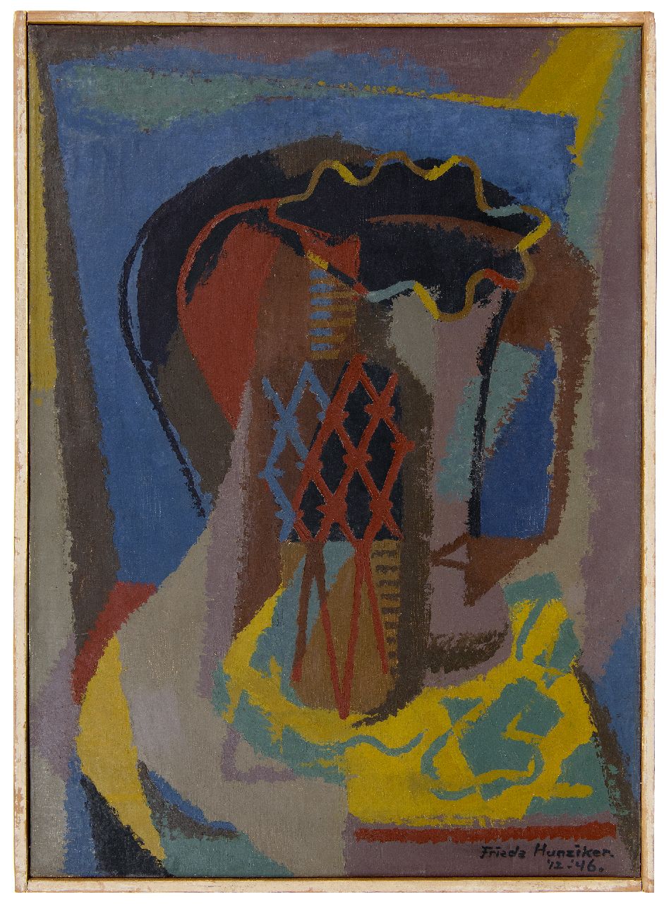 Hunziker F. | Frieda Hunziker, Stilleven met vaas en fles, olieverf op doek 69,8 x 49,7 cm, gesigneerd rechtsonder en gedateerd '12-'46. Hunziker F. | Frieda Hunziker, Stilleven met vaas en fles, olieverf op doek 69,8 x 49,7 cm, gesigneerd rechtsonder en gedateerd '12-'46.