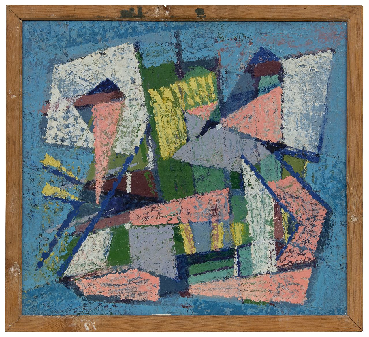 Hunziker F. | Frieda Hunziker, Compositie, olieverf op schildersboard 35,6 x 39,5 cm, gesigneerd verso en te dateren 1948 Hunziker F. | Frieda Hunziker, Compositie, olieverf op schildersboard 35,6 x 39,5 cm, gesigneerd verso en te dateren 1948