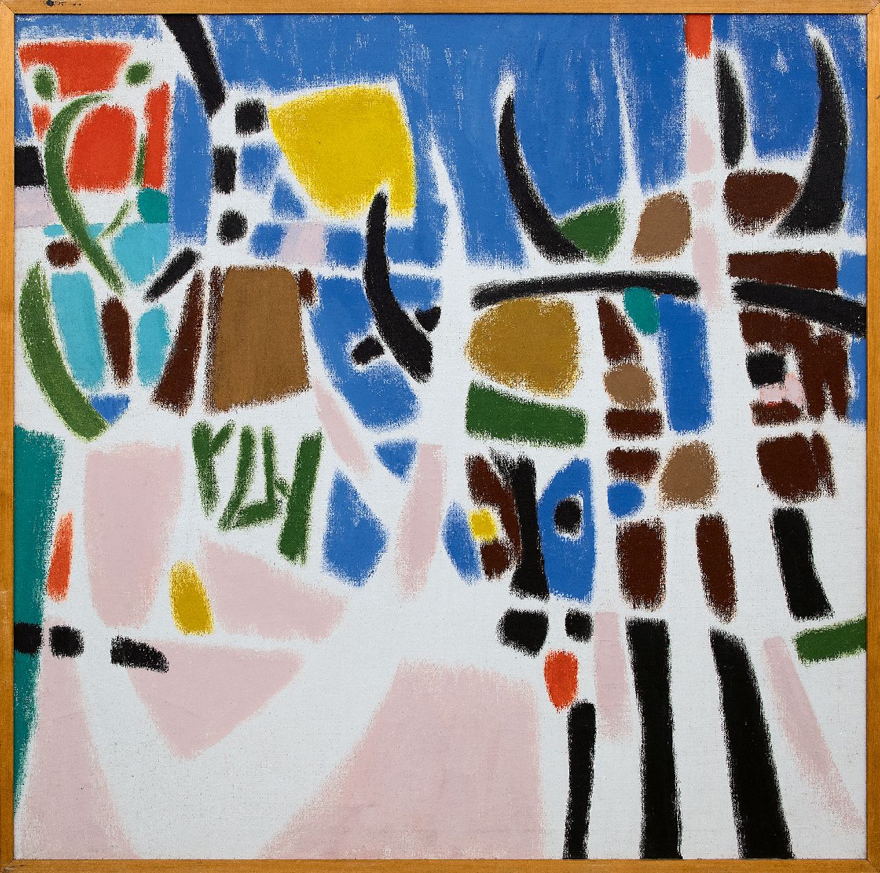Hunziker F. | Frieda Hunziker, Geiten achter hekken, olieverf op doek 100,0 x 100,0 cm, gesigneerd verso en te dateren 1953 Hunziker F. | Frieda Hunziker, Geiten achter hekken, olieverf op doek 100,0 x 100,0 cm, gesigneerd verso en te dateren 1953