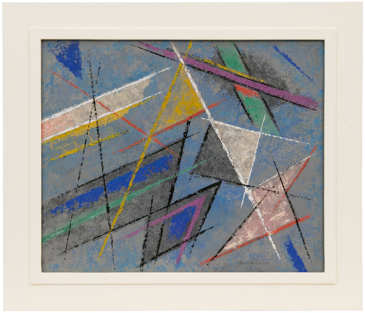 Gerrits G.J. | Gerrit Jacobus 'Ger' Gerrits | Aquarellen en tekeningen te koop aangeboden | Compositie met driehoeken, pastel en gouache op papier 42,0 x 53,0 cm, gesigneerd rechtsonder en gedateerd 27.8.53. Gerrits G.J. | Gerrit Jacobus 'Ger' Gerrits | Aquarellen en tekeningen te koop aangeboden | Compositie met driehoeken, pastel en gouache op papier 42,0 x 53,0 cm, gesigneerd rechtsonder en gedateerd 27.8.53.