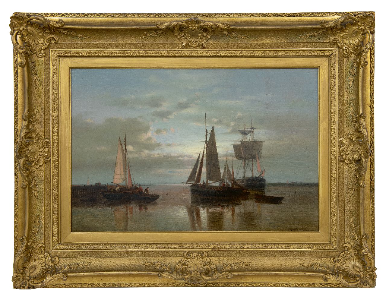 Hulk A. | Abraham Hulk, Zeilschepen voor anker bij zonsondergang, olieverf op doek 40,5 x 60,8 cm, gesigneerd rechtsonder Hulk A. | Abraham Hulk, Zeilschepen voor anker bij zonsondergang, olieverf op doek 40,5 x 60,8 cm, gesigneerd rechtsonder