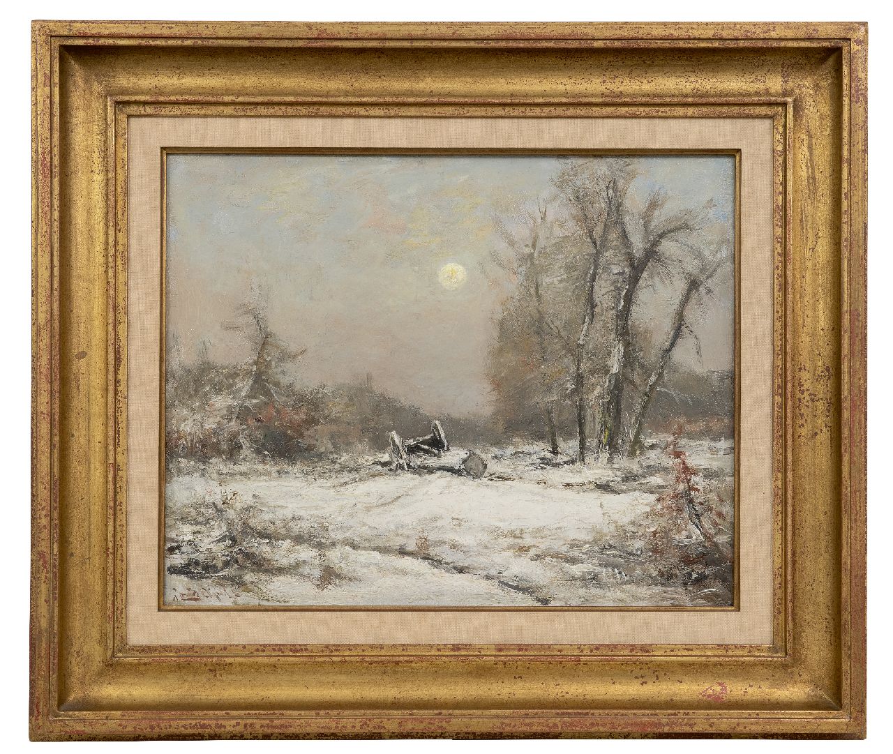 Apol L.F.H. | Lodewijk Franciscus Hendrik 'Louis' Apol, Winterlandschap met mallejan bij avond, olieverf op doek 39,9 x 50,4 cm, gesigneerd linksonder Apol L.F.H. | Lodewijk Franciscus Hendrik 'Louis' Apol, Winterlandschap met mallejan bij avond, olieverf op doek 39,9 x 50,4 cm, gesigneerd linksonder