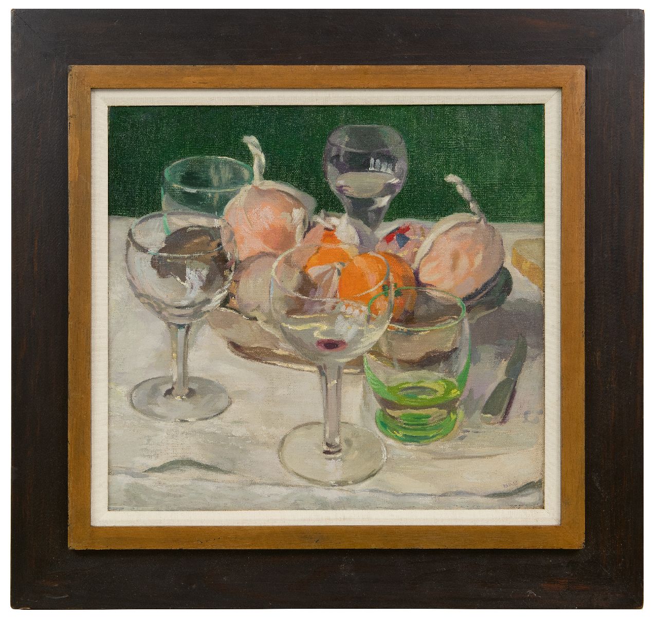 Brender à Brandis G.A. | 'Geraldo' Abraham Brender à Brandis | Schilderijen te koop aangeboden | Stilleven met glazen en fruit, olieverf op doek 40,8 x 43,6 cm, gesigneerd rechtsonder met initialen Brender à Brandis G.A. | 'Geraldo' Abraham Brender à Brandis | Schilderijen te koop aangeboden | Stilleven met glazen en fruit, olieverf op doek 40,8 x 43,6 cm, gesigneerd rechtsonder met initialen