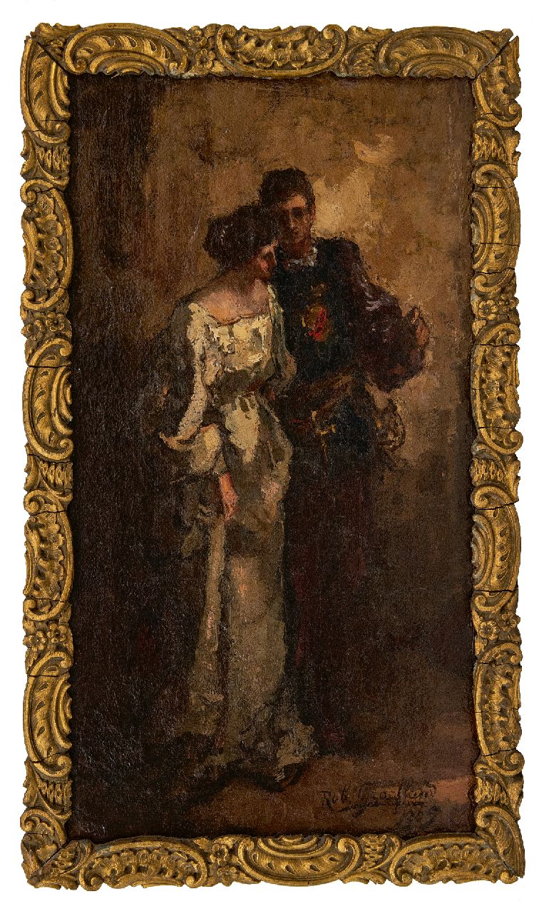 Graafland R.A.A.J.  | Robert Archibald Antonius Joan 'Rob' Graafland, Op weg naar het bal, olieverf op doek op paneel 38,6 x 21,3 cm, gesigneerd rechtsonder en gedateerd 1905