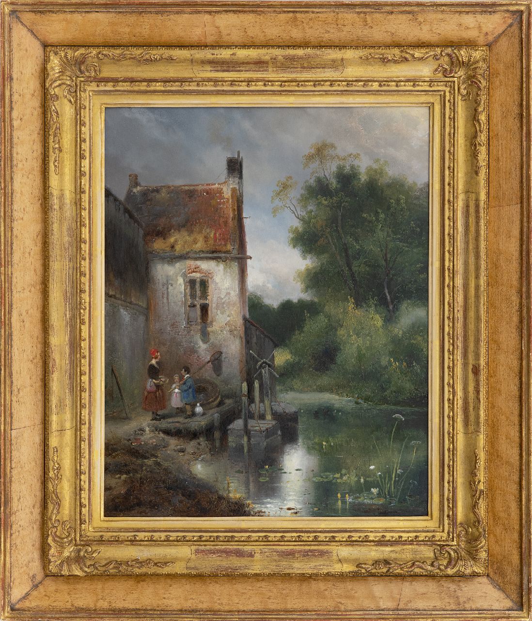 Nuijen W.J.J.  | Wijnandus Johannes Josephus 'Wijnand' Nuijen | Schilderijen te koop aangeboden | Vrouw en kinderen bij een huis, olieverf op paneel 41,9 x 33,1 cm, gesigneerd rechtsonder en gedateerd 1834