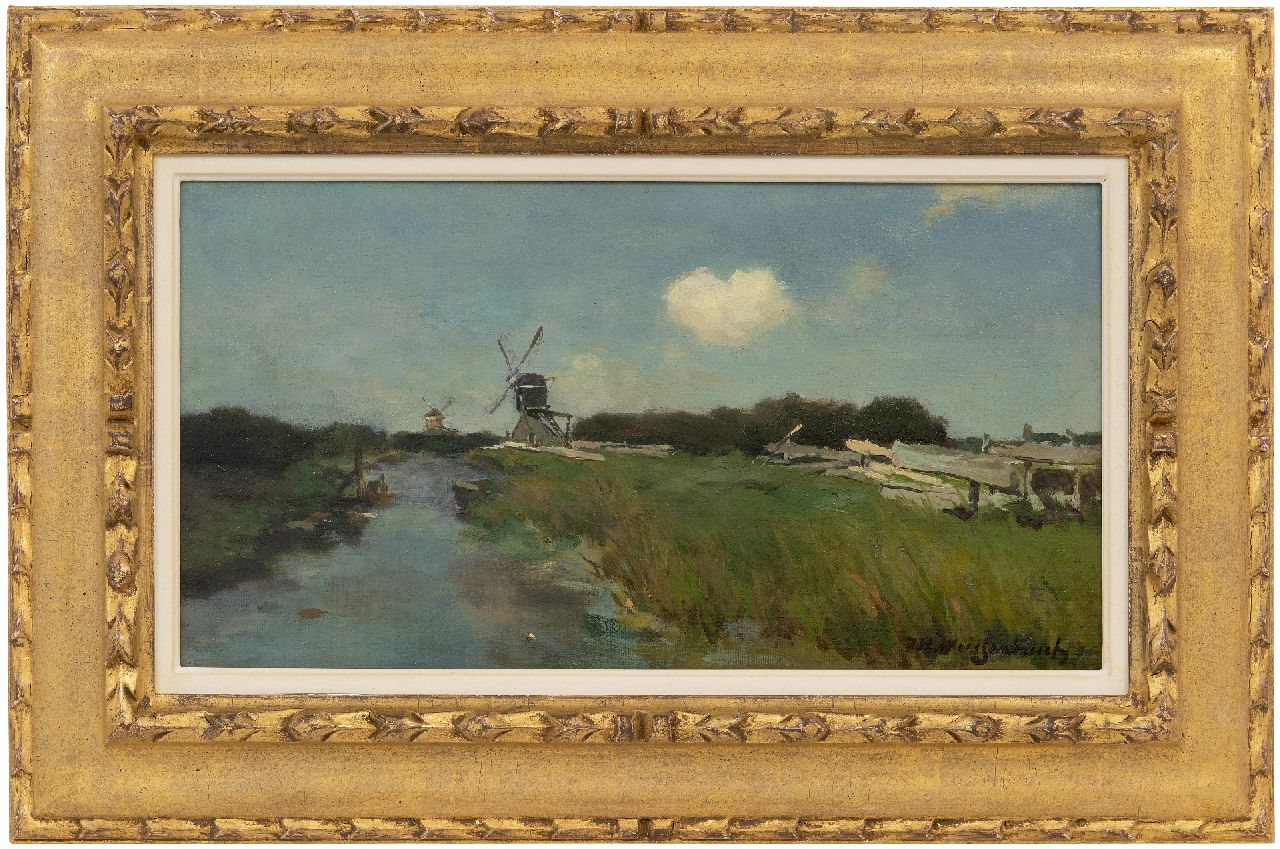 Weissenbruch H.J. | Hendrik Johannes 'J.H.' Weissenbruch, Molens langs poldervaart bij Noorden, olieverf op doek op paneel 23,0 x 43,1 cm, gesigneerd rechtsonder Weissenbruch H.J. | Hendrik Johannes 'J.H.' Weissenbruch, Molens langs poldervaart bij Noorden, olieverf op doek op paneel 23,0 x 43,1 cm, gesigneerd rechtsonder