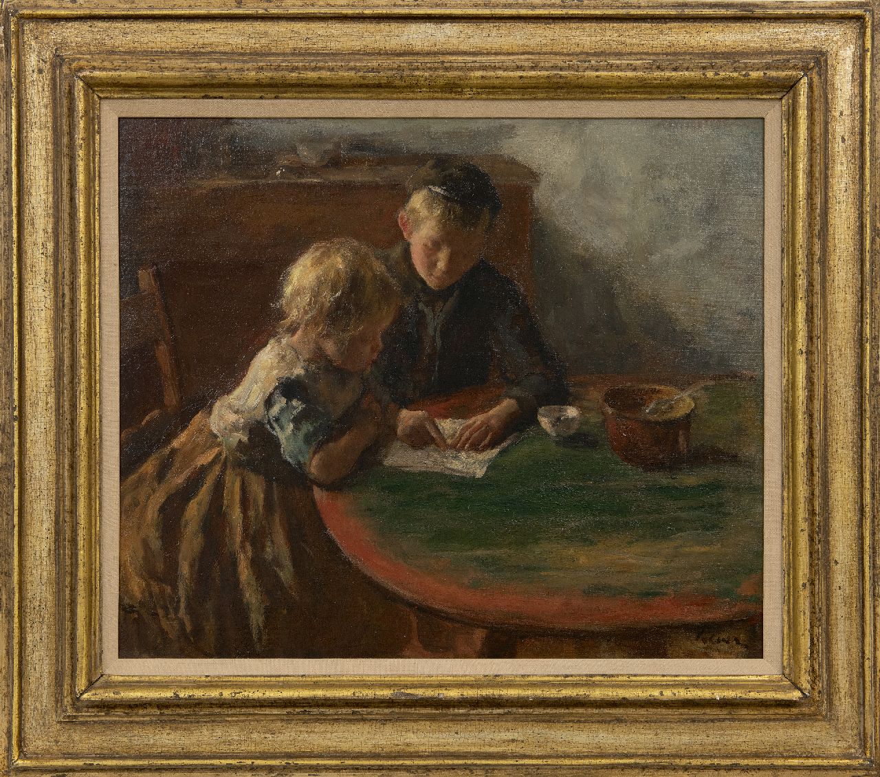 Kever J.S.H. | Jacob Simon Hendrik 'Hein' Kever, De leesles, olieverf op doek 44,0 x 52,6 cm, gesigneerd rechtsonder Kever J.S.H. | Jacob Simon Hendrik 'Hein' Kever, De leesles, olieverf op doek 44,0 x 52,6 cm, gesigneerd rechtsonder