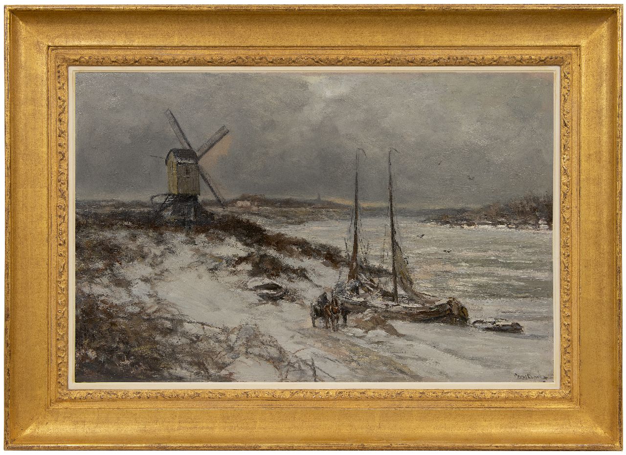 Apol L.F.H.  | Lodewijk Franciscus Hendrik 'Louis' Apol | Schilderijen te koop aangeboden | Besneeuwd gezicht op de IJssel met afgemeerde tjalk, olieverf op doek 58,6 x 90,3 cm, gesigneerd rechtsonder en gedateerd 1928