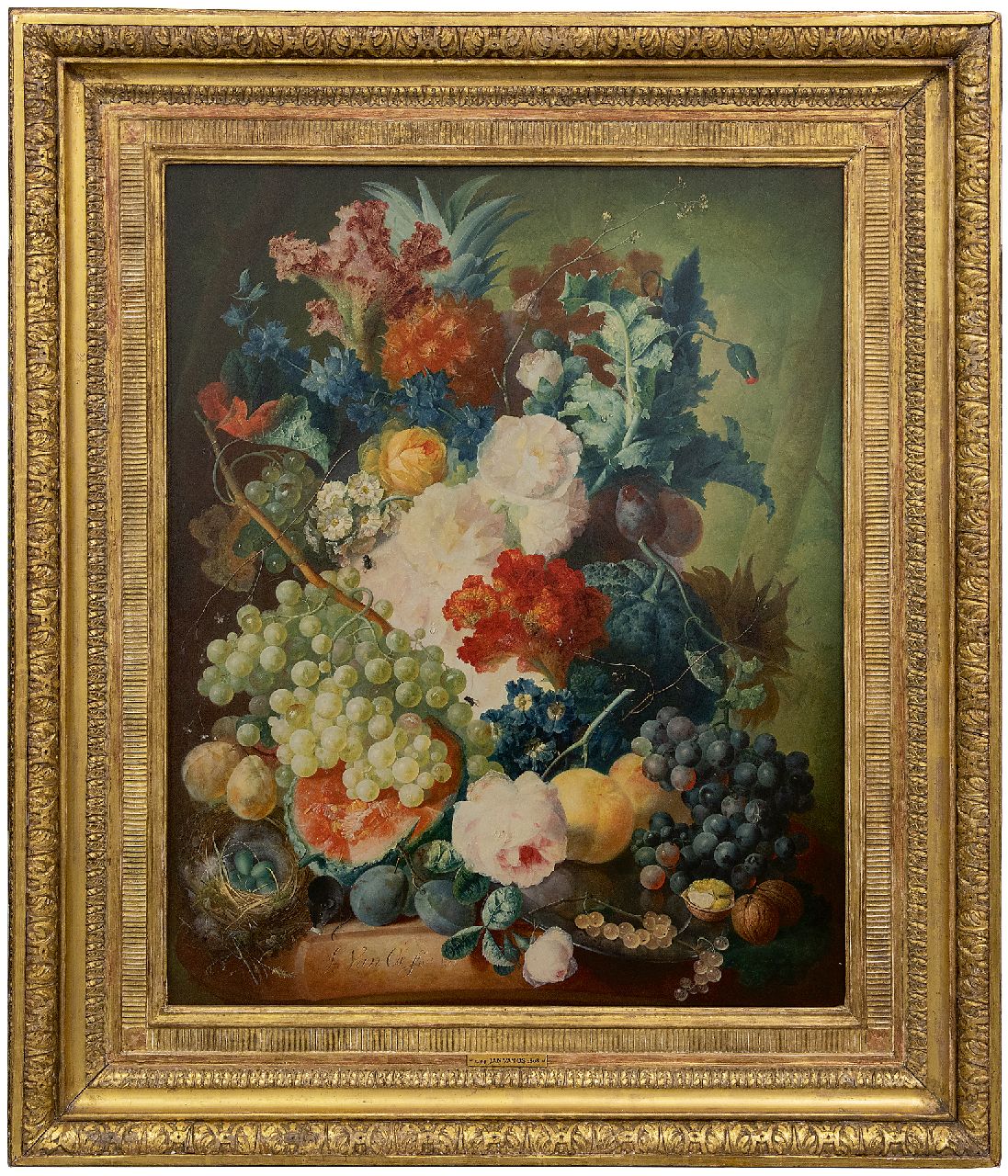 Os J. van | Jan van Os, Bloemstilleven met fruit, een muis en vogelnest, olieverf op paneel 69,7 x 55,1 cm, gesigneerd linksonder en gedateerd 1774