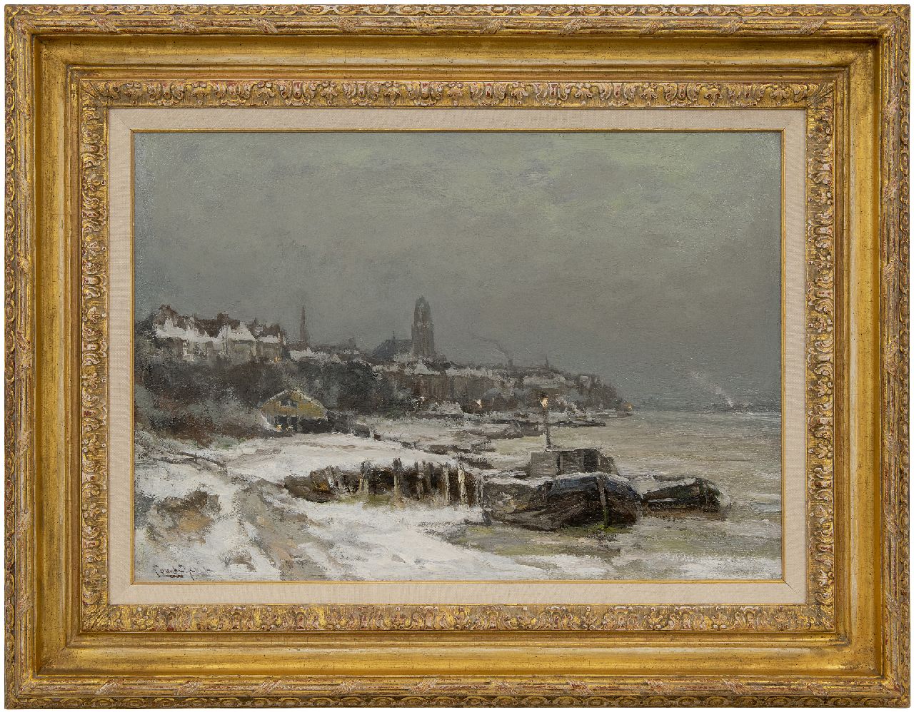 Apol L.F.H.  | Lodewijk Franciscus Hendrik 'Louis' Apol | Schilderijen te koop aangeboden | Winters gezicht op Arnhem, olieverf op doek 42,4 x 60,5 cm, gesigneerd linksonder