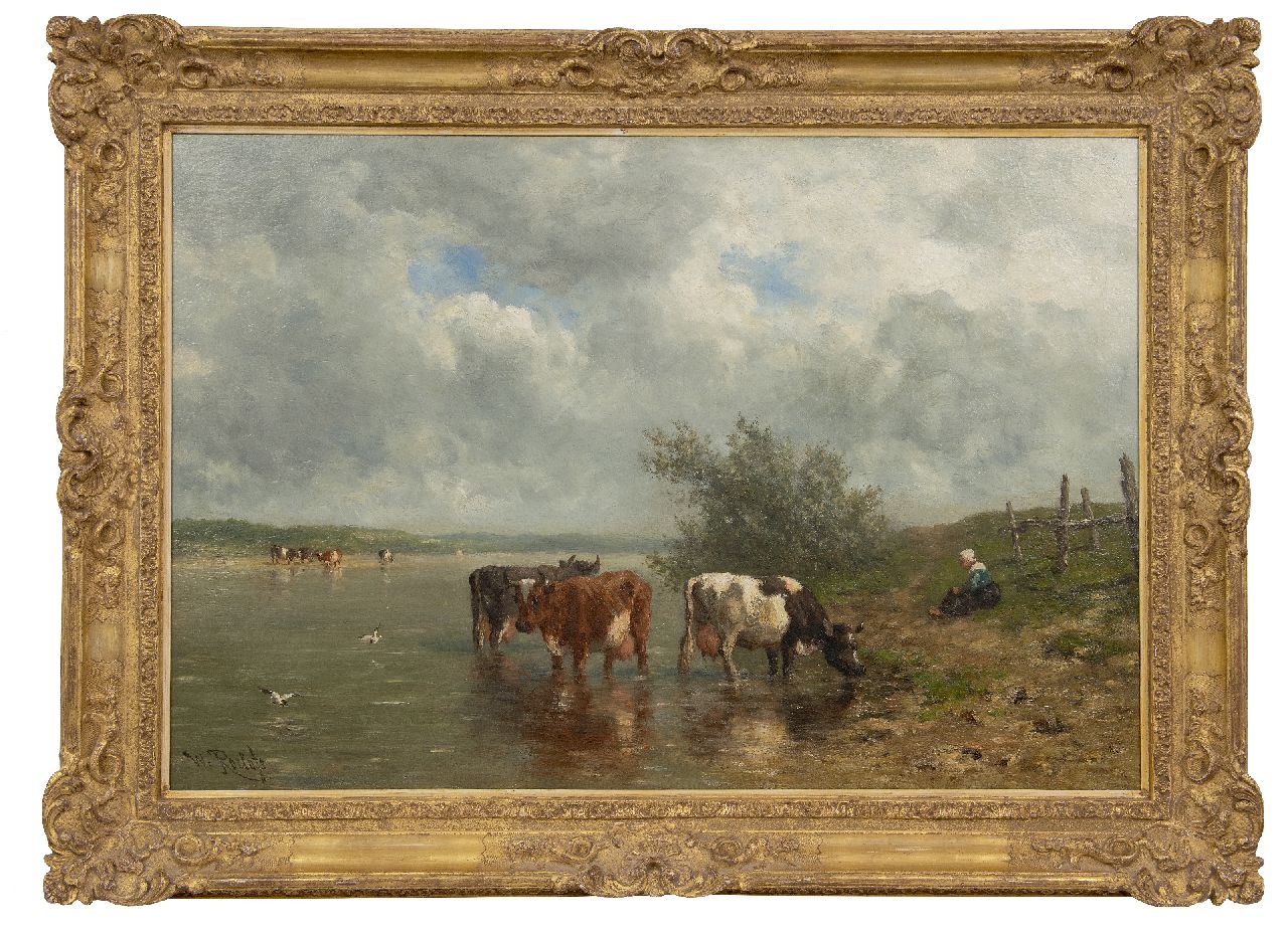 Roelofs W. | Willem Roelofs, Rivierlandschap met drinkende koeien, olieverf op doek 69,1 x 106,9 cm, gesigneerd linksonder Roelofs W. | Willem Roelofs, Rivierlandschap met drinkende koeien, olieverf op doek 69,1 x 106,9 cm, gesigneerd linksonder