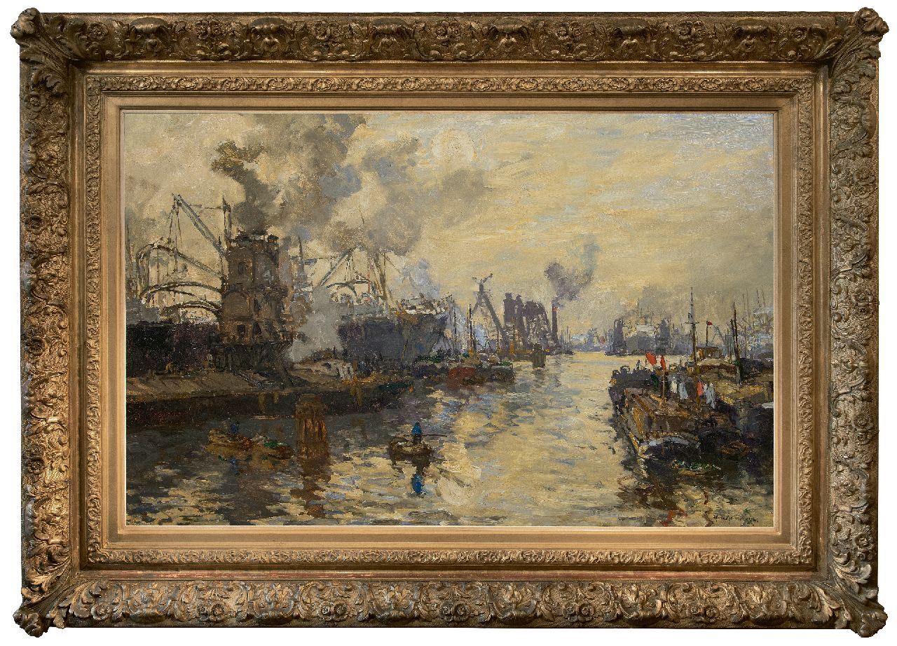 Mastenbroek J.H. van | Johan Hendrik van Mastenbroek | Schilderijen te koop aangeboden | Graanelevators aan het werk in de Maashaven, Rotterdam, olieverf op doek 84,1 x 130,5 cm, gesigneerd rechtsonder en gedateerd 1913 Mastenbroek J.H. van | Johan Hendrik van Mastenbroek | Schilderijen te koop aangeboden | Graanelevators aan het werk in de Maashaven, Rotterdam, olieverf op doek 84,1 x 130,5 cm, gesigneerd rechtsonder en gedateerd 1913