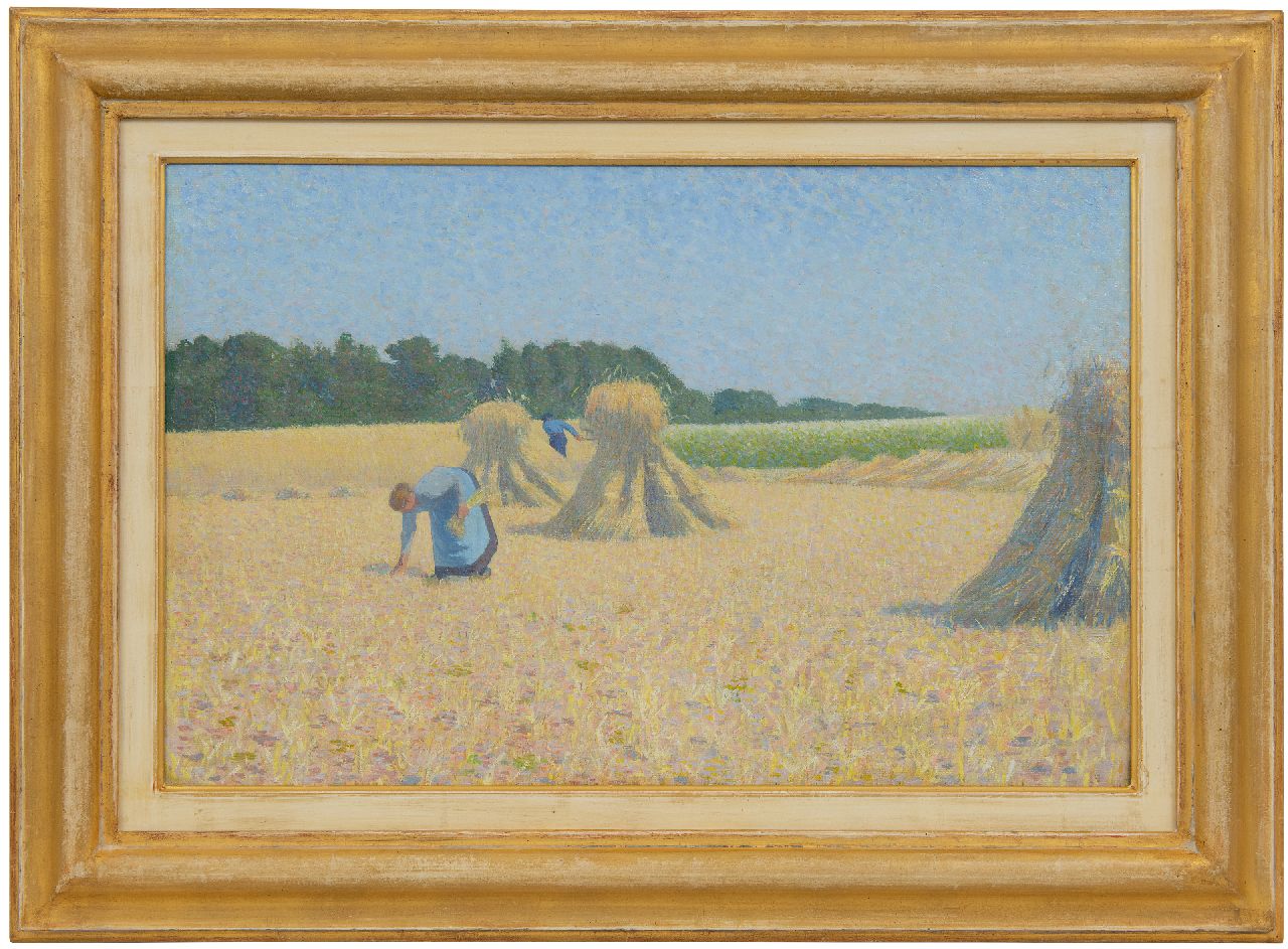Hart Nibbrig F.  | Ferdinand Hart Nibbrig | Schilderijen te koop aangeboden | Korenveld met arenlezende vrouw, olieverf op doek 39,2 x 60,4 cm, te dateren ca. 1900