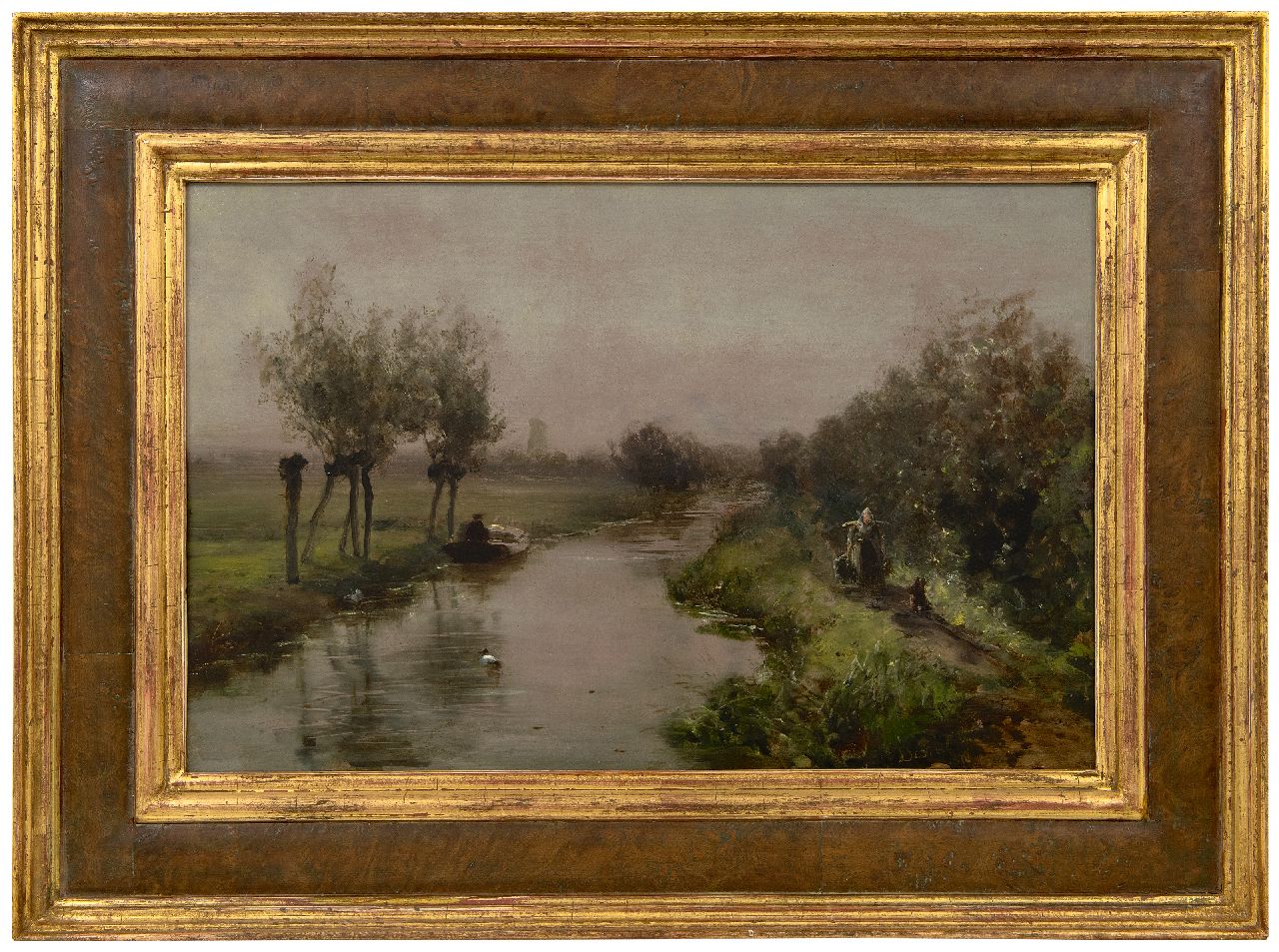 Destrée J.J.  | Johannes Josephus Destrée | Schilderijen te koop aangeboden | Poldervaart met figuren, olieverf op paneel 28,8 x 43,8 cm, gesigneerd rechtsonder en gedateerd 1878