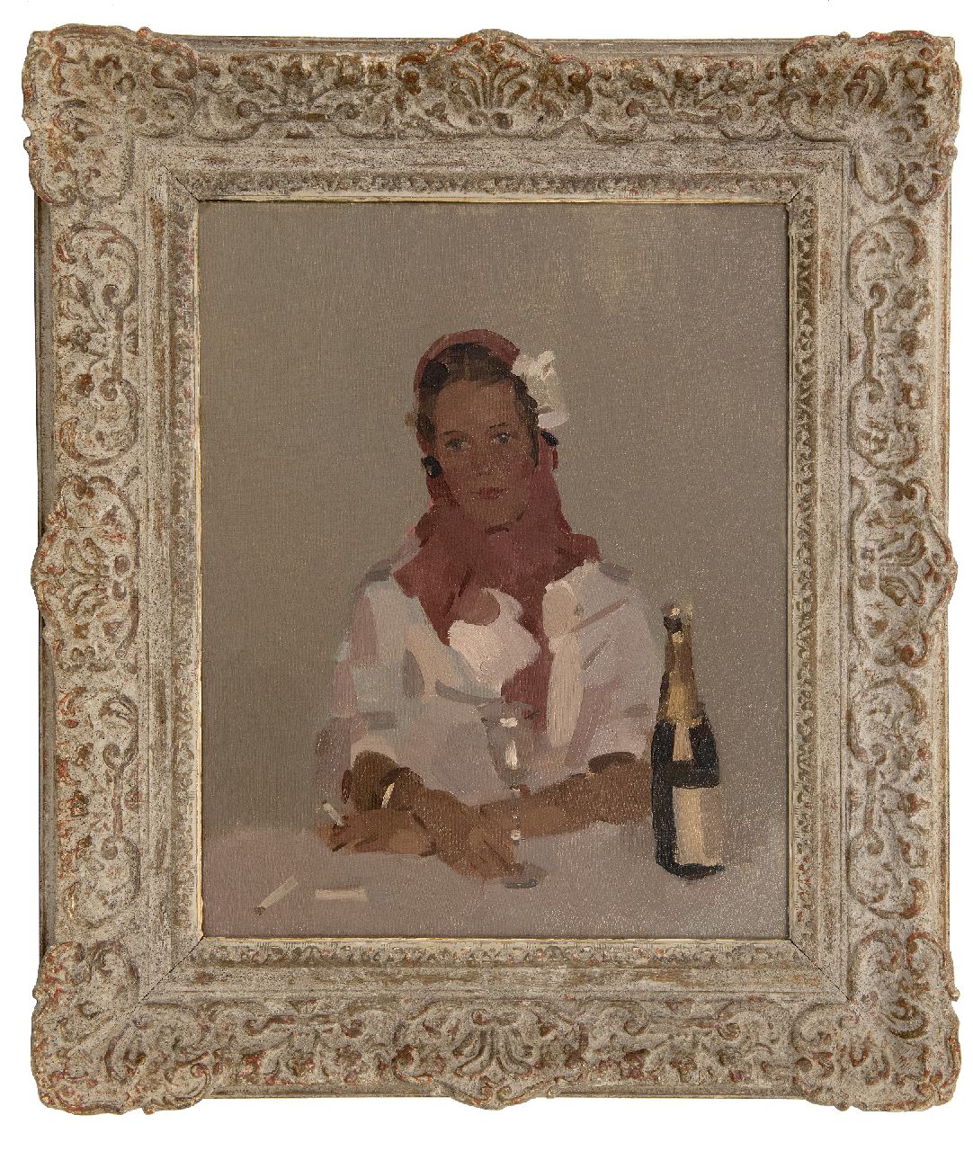 Verdonk F.W.  | Frederik Willem 'Frits' Verdonk | Schilderijen te koop aangeboden | Vrouw met sigaret en champagnefles, olieverf op doek 50,2 x 40,1 cm