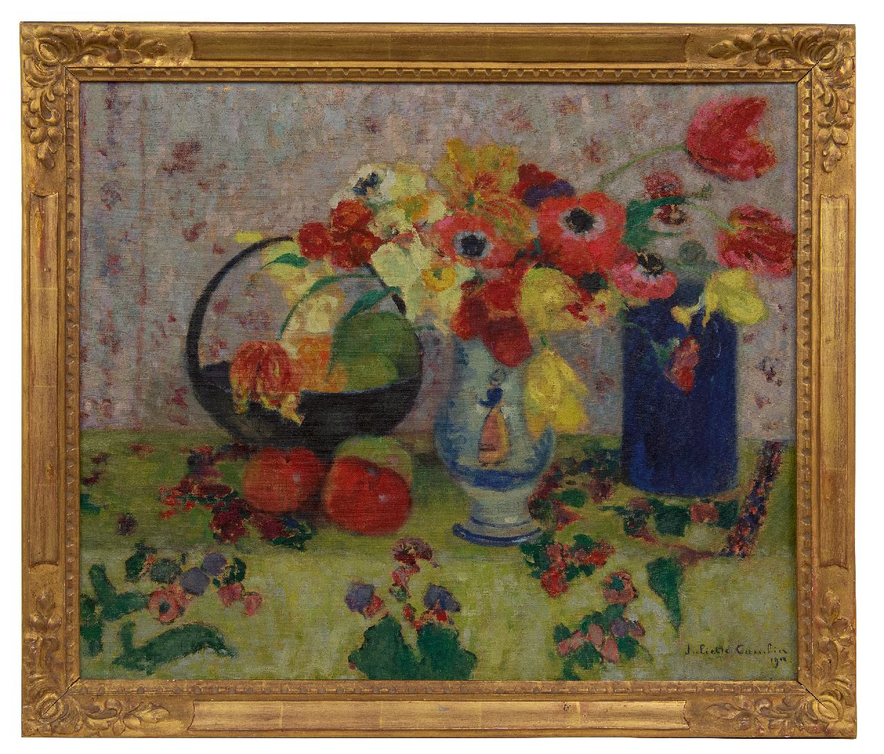 Cambier J.Z.  | 'Juliette' Ziane Cambier, Stilleven met vazen, voorjaarsbloemen en fruit, olieverf op doek 49,9 x 60,3 cm, gesigneerd rechtsonder en gedateerd 1944