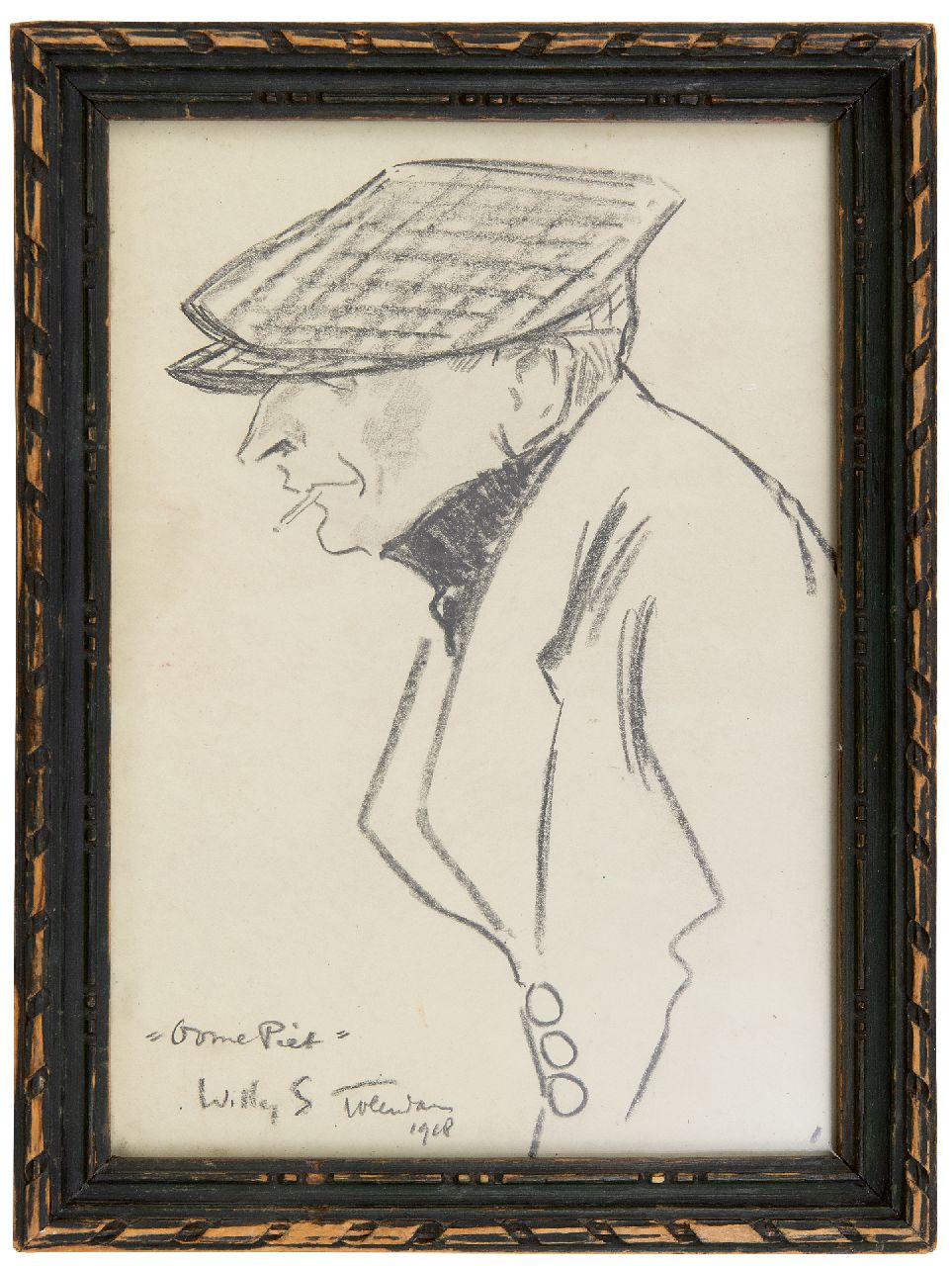 Sluiter J.W. | Jan Willem 'Willy' Sluiter, Oome Piet, Volendam, zwart krijt op papier 24,2 x 12,7 cm, gesigneerd linksonder en gedateerd 1918 Sluiter J.W. | Jan Willem 'Willy' Sluiter, Oome Piet, Volendam, zwart krijt op papier 24,2 x 12,7 cm, gesigneerd linksonder en gedateerd 1918
