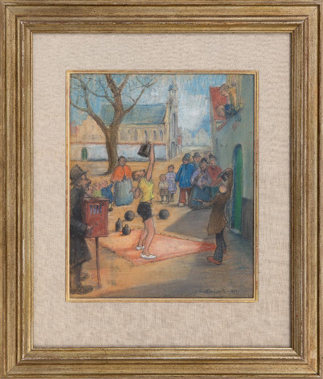 Bogaerts F. | Alfred 'Fred' Bogaerts | Aquarellen en tekeningen te koop aangeboden | Straatartiesten bij de Sint-Margaritakerk in Lier, gouache op papier 31,2 x 25,7 cm, gesigneerd rechtsonder en gedateerd 1923 Bogaerts F. | Alfred 'Fred' Bogaerts | Aquarellen en tekeningen te koop aangeboden | Straatartiesten bij de Sint-Margaritakerk in Lier, gouache op papier 31,2 x 25,7 cm, gesigneerd rechtsonder en gedateerd 1923
