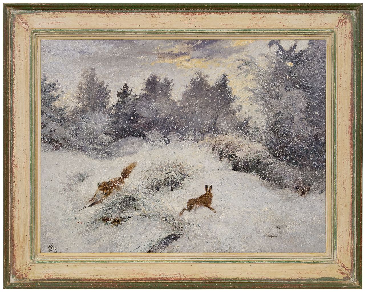 Poortvliet R. | Rien Poortvliet, Jagende vos in sneeuwlandschap, olieverf op doek 60,4 x 79,9 cm, gesigneerd linksonder en zonder lijst Poortvliet R. | Rien Poortvliet, Jagende vos in sneeuwlandschap, olieverf op doek 60,4 x 79,9 cm, gesigneerd linksonder en zonder lijst