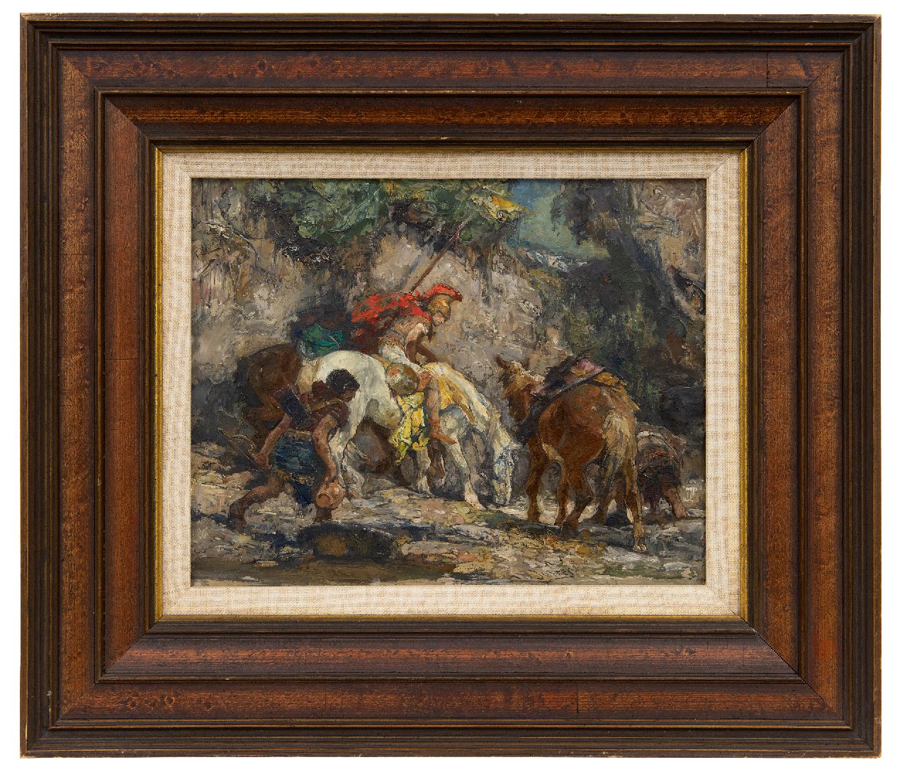 Jurres J.H. | Johannes Hendricus Jurres, Krijgslieden met drinkende paarden, olieverf op doek 22,5 x 27,6 cm, gesigneerd r. v.h m. Jurres J.H. | Johannes Hendricus Jurres, Krijgslieden met drinkende paarden, olieverf op doek 22,5 x 27,6 cm, gesigneerd r. v.h m.