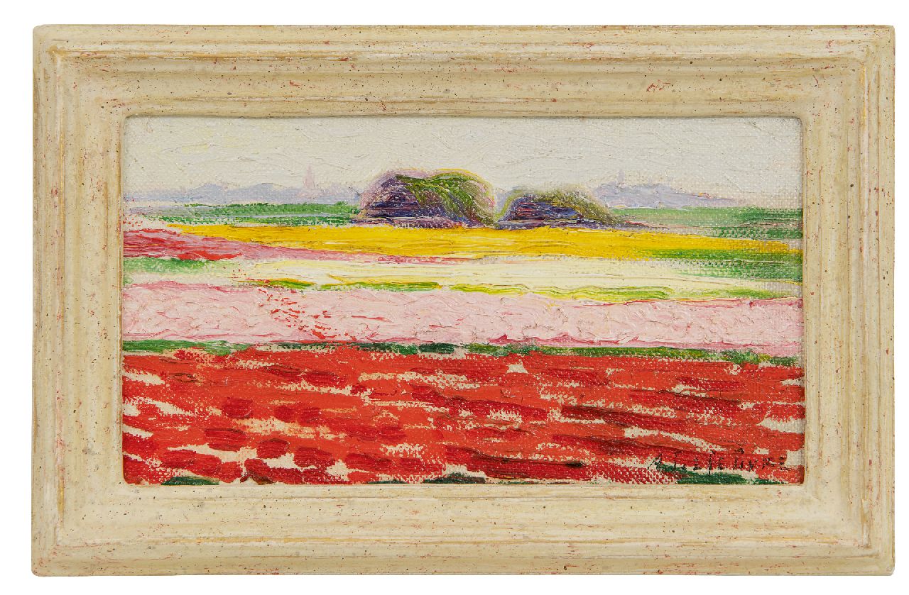 Lefebvre A.  | Albrecht 'Albert' Lefebvre, Bloembollenvelden bij Noordwijk, olieverf op doek op board 10,1 x 17,7 cm, gesigneerd rechtsonder en verso gedateerd 1919