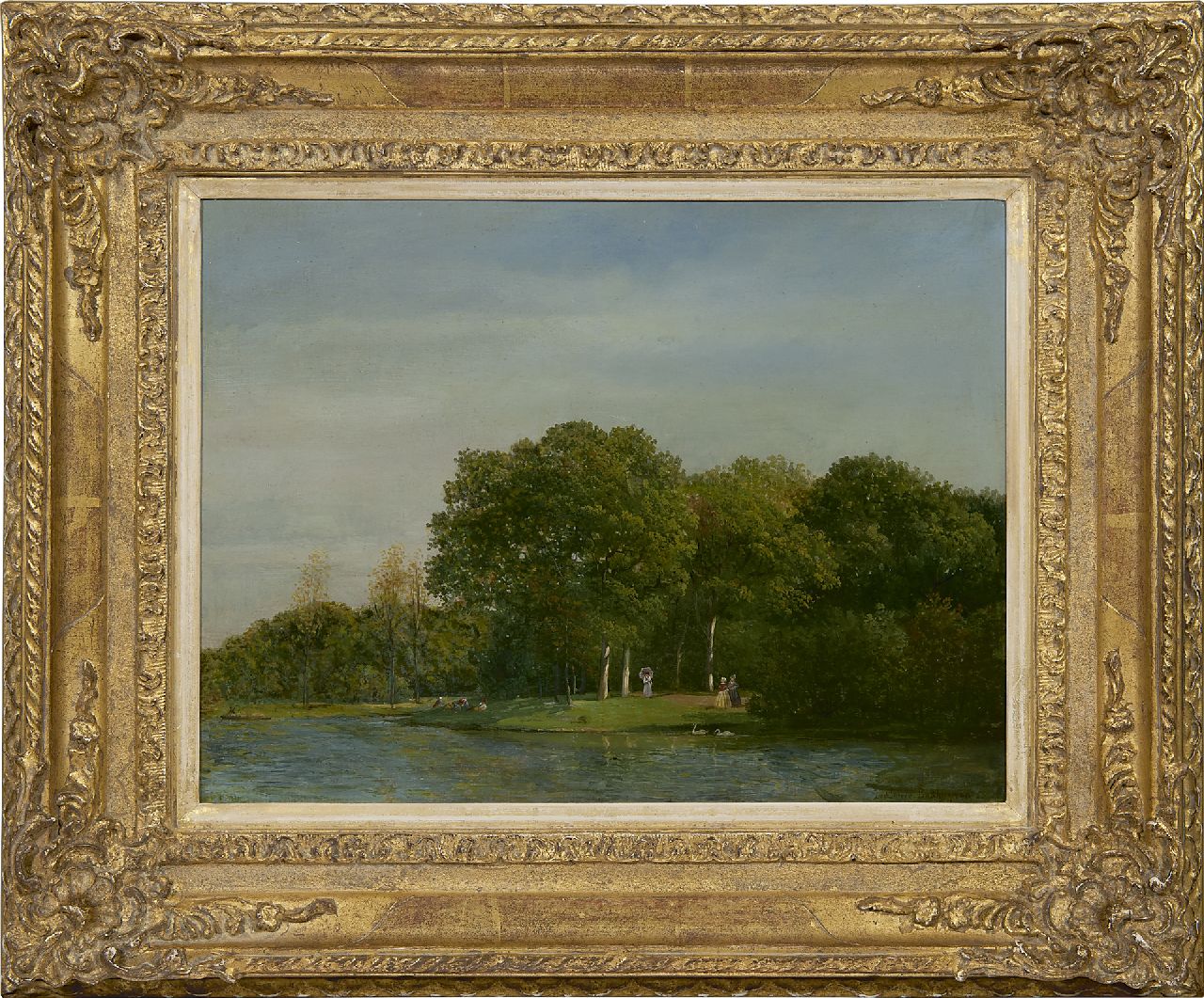 Sande Bakhuyzen J.J. van de | Julius Jacobus van de Sande Bakhuyzen | Schilderijen te koop aangeboden | Parklandschap met elegant gezelschap, olieverf op papier op paneel 26,7 x 35,0 cm, gesigneerd rechtsonder Sande Bakhuyzen J.J. van de | Julius Jacobus van de Sande Bakhuyzen | Schilderijen te koop aangeboden | Parklandschap met elegant gezelschap, olieverf op papier op paneel 26,7 x 35,0 cm, gesigneerd rechtsonder